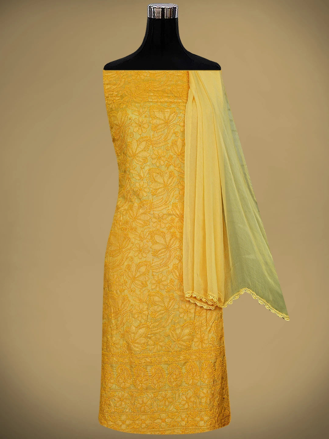 Ada Hand Embroidered Yellow Tussar Silk Lucknowi Chikankari Unstitched Suit Piece 01A763499