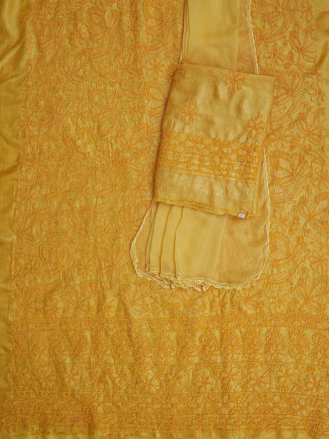 Ada Hand Embroidered Yellow Tussar Silk Lucknowi Chikankari Unstitched Suit Piece 01A763499