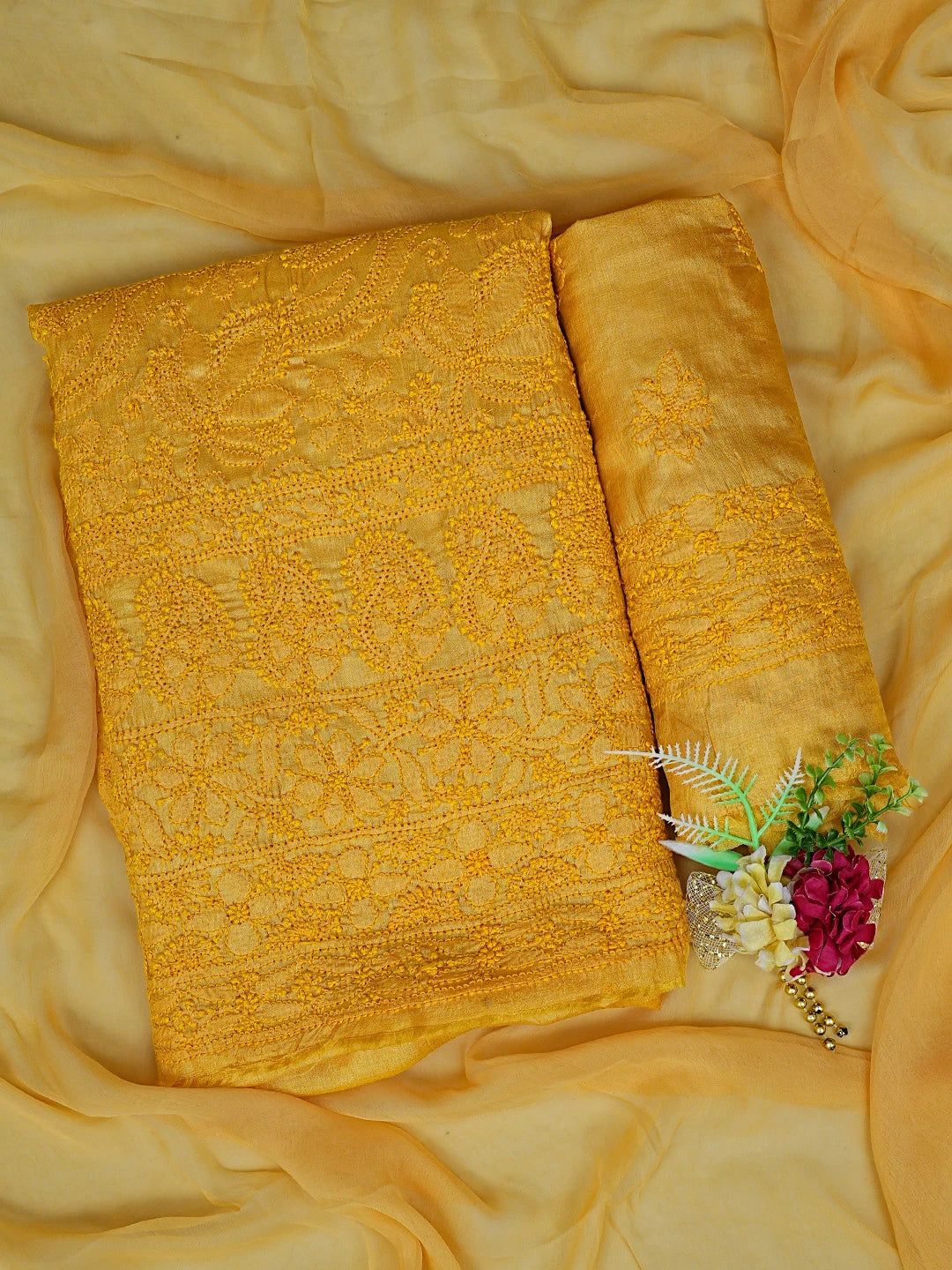 Ada Hand Embroidered Yellow Tussar Silk Lucknowi Chikankari Unstitched Suit Piece 01A763499