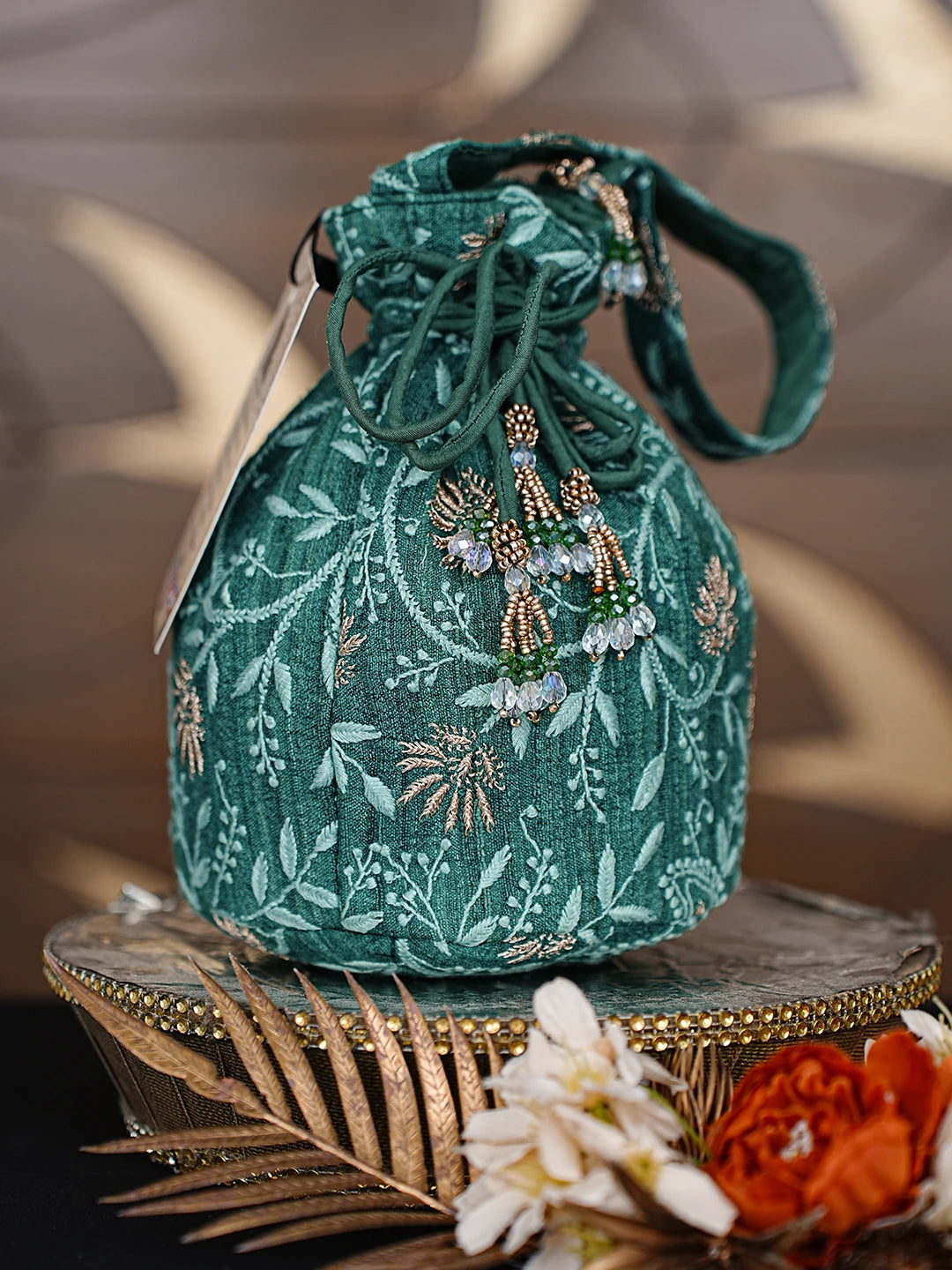 Ada Hand Embroidered Teal Green Khadi Silk Lucknowi Chikankari Potli Bag With Zari Work 01A872376