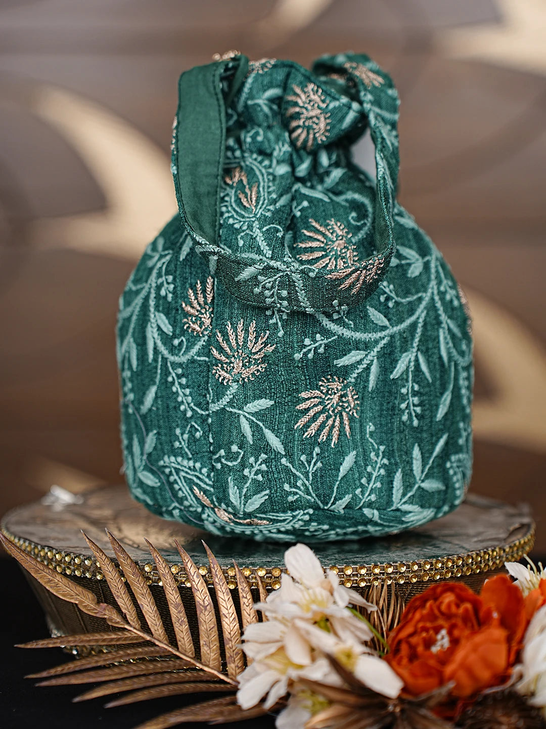 Ada Hand Embroidered Teal Green Khadi Silk Lucknowi Chikankari Potli Bag With Zari Work 01A872376