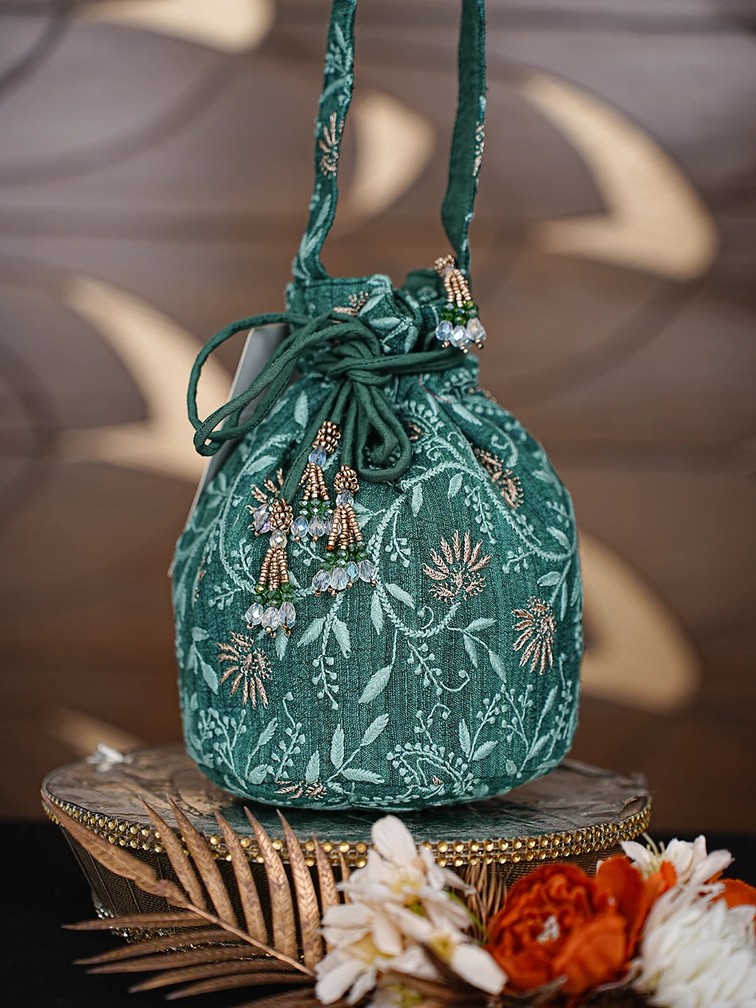 Ada Hand Embroidered Teal Green Khadi Silk Lucknowi Chikankari Potli Bag With Zari Work 01A872376