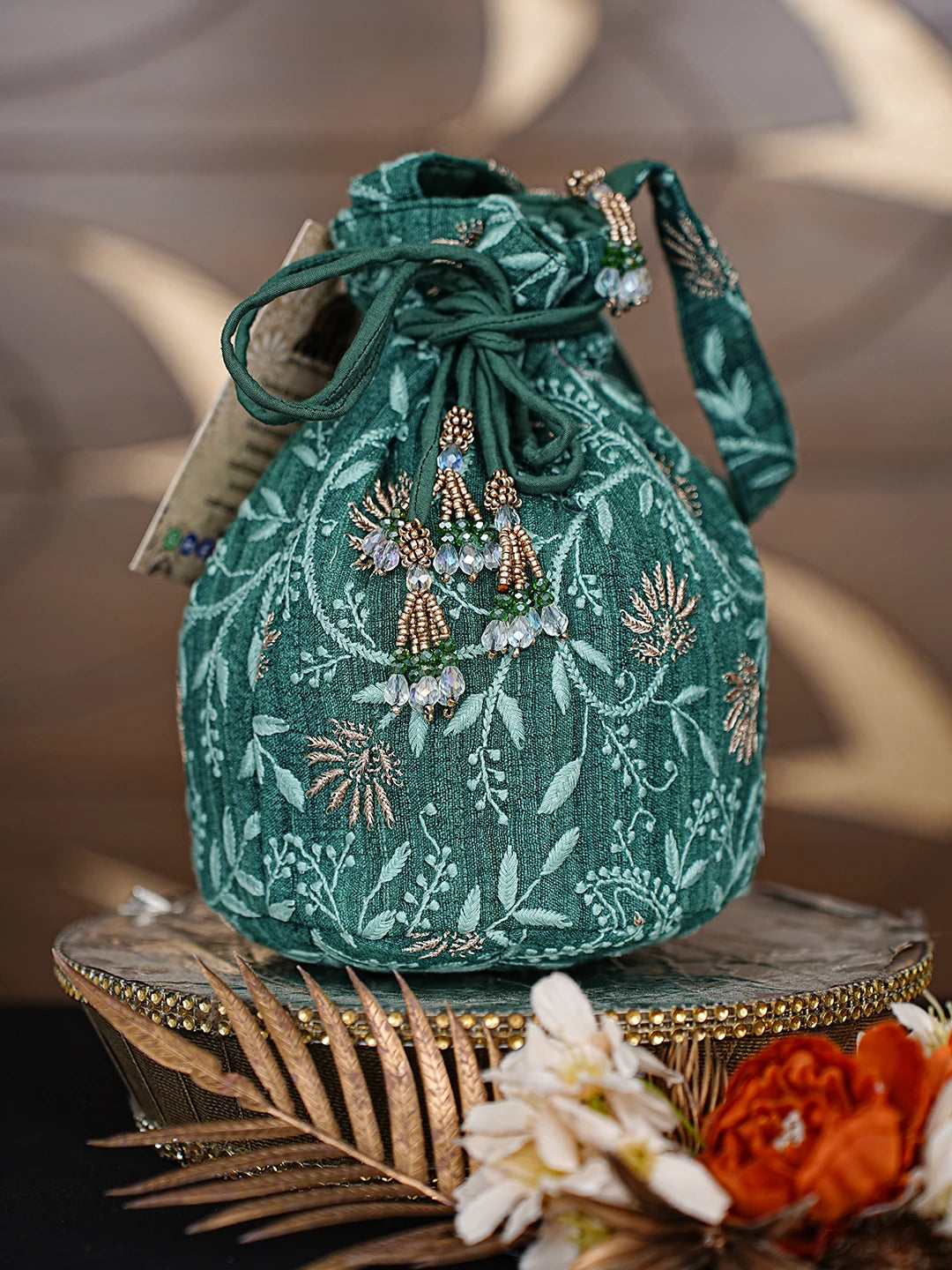 Ada Hand Embroidered Teal Green Khadi Silk Lucknowi Chikankari Potli Bag With Zari Work 01A872376