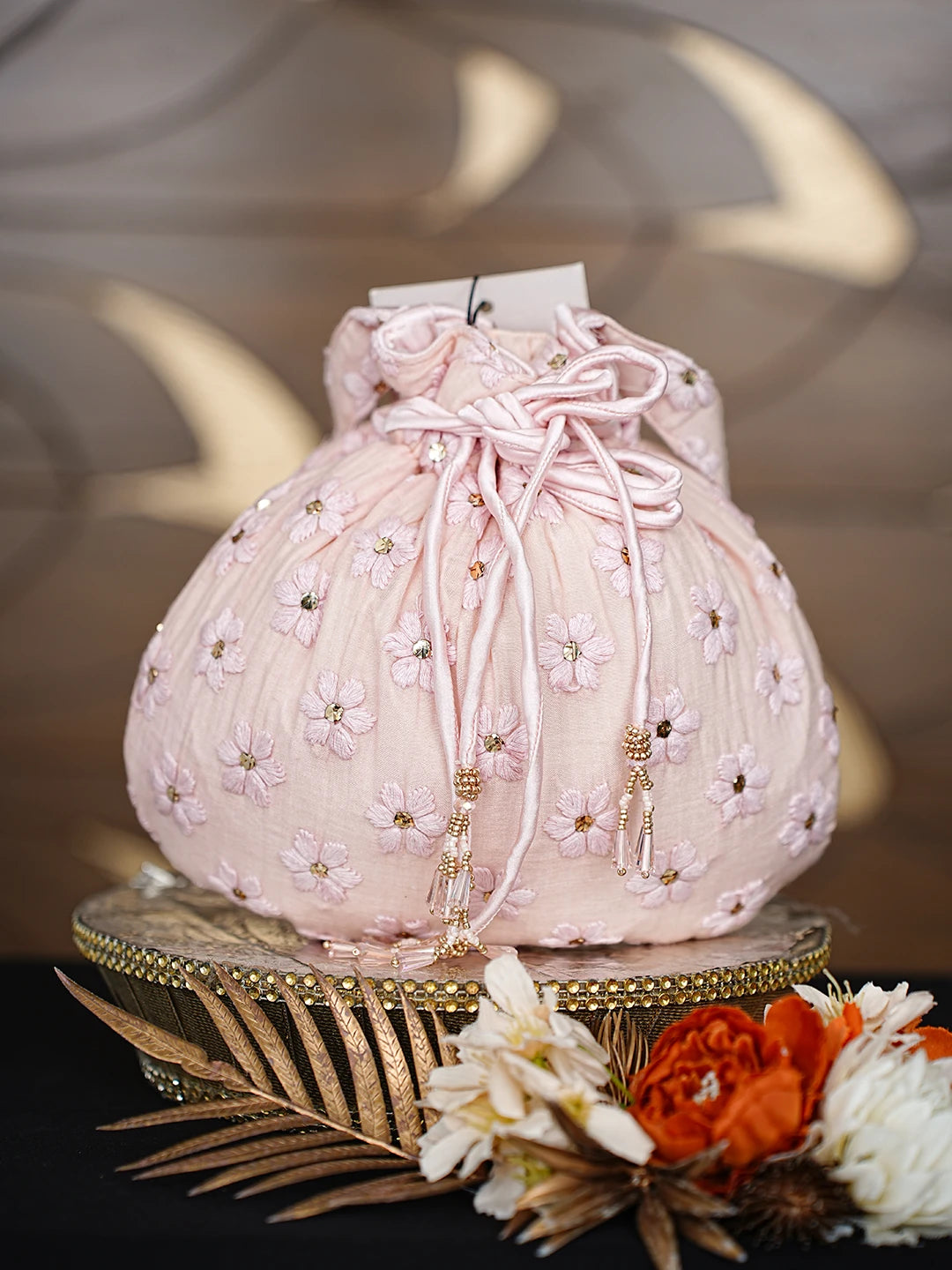 Ada Hand Embroidered Pale Dogwood Pink Chanderi Lucknowi Chikankari Potli Bag With Muqaish Work 01A873137