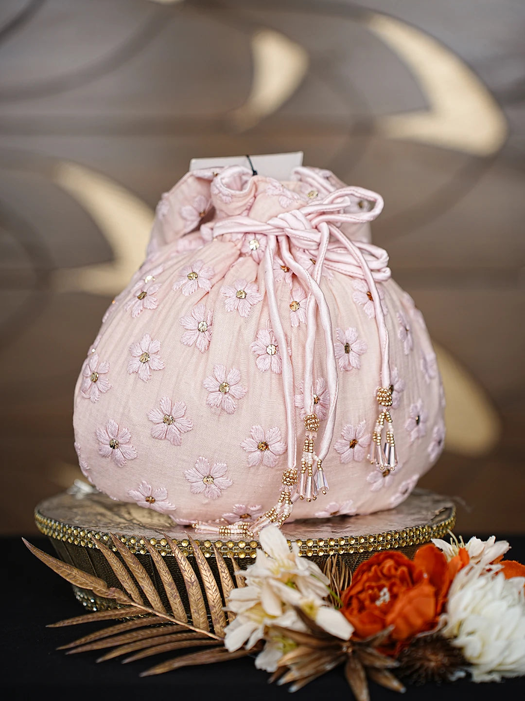 Ada Hand Embroidered Pale Dogwood Pink Chanderi Lucknowi Chikankari Potli Bag With Muqaish Work 01A873137