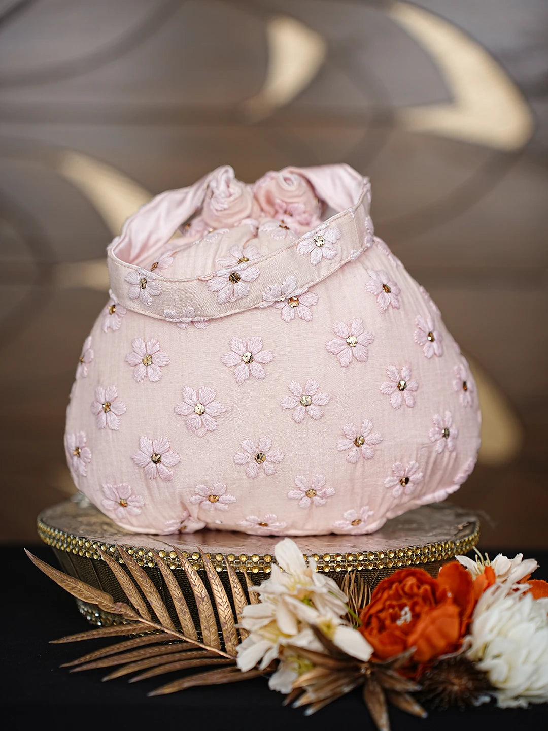 Ada Hand Embroidered Pale Dogwood Pink Chanderi Lucknowi Chikankari Potli Bag With Muqaish Work 01A873137