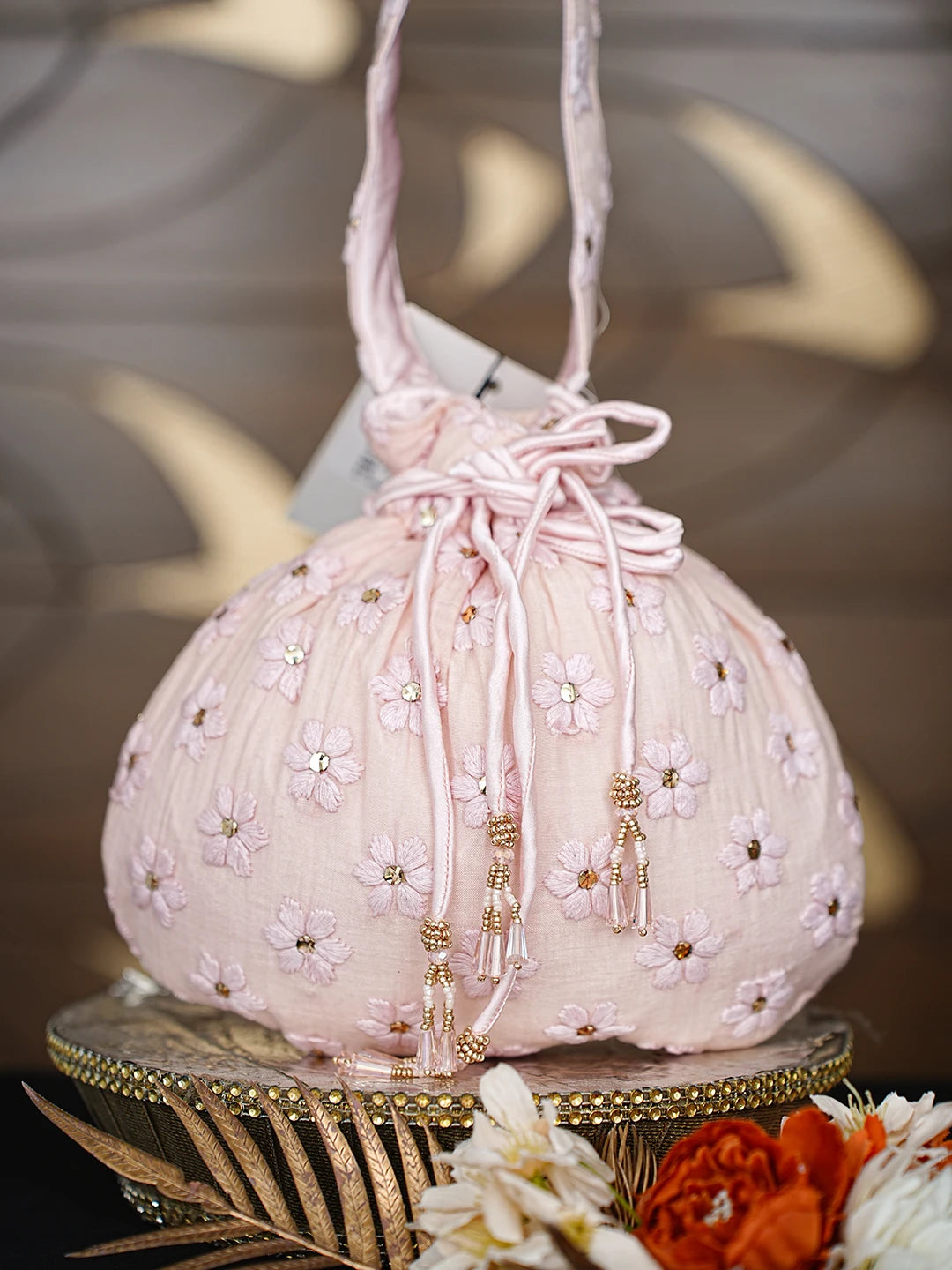 Ada Hand Embroidered Pale Dogwood Pink Chanderi Lucknowi Chikankari Potli Bag With Muqaish Work 01A873137