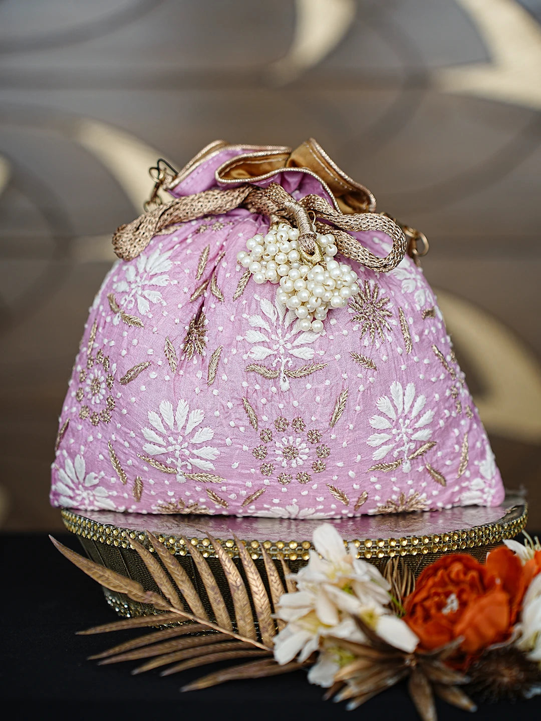Ada Hand Embroidered Pink Silk Lucknowi Chikankari Potli Bag With Zari Work 01A793834