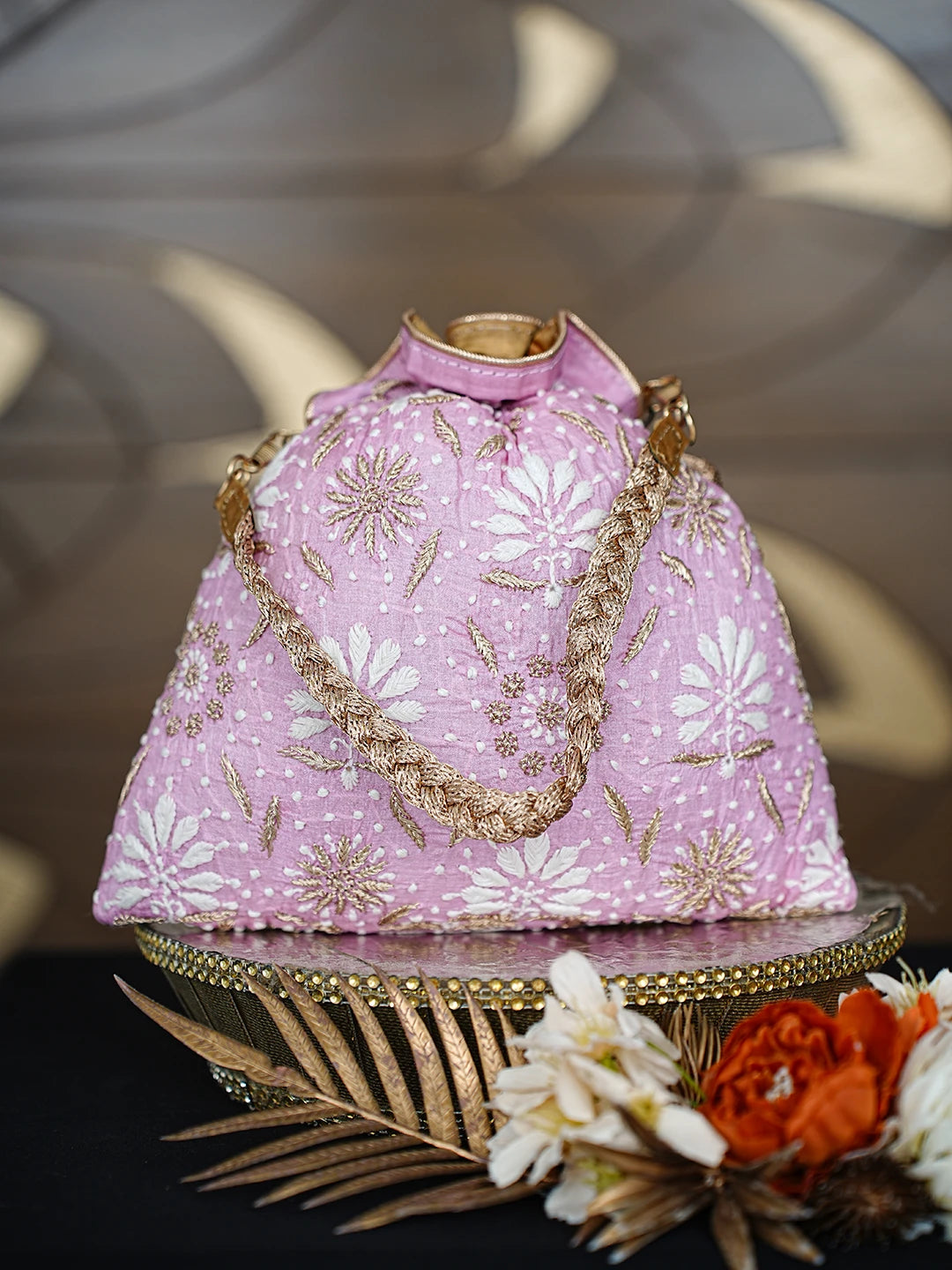 Ada Hand Embroidered Pink Silk Lucknowi Chikankari Potli Bag With Zari Work 01A793834