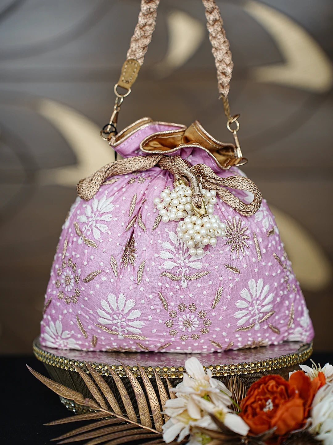 Ada Hand Embroidered Pink Silk Lucknowi Chikankari Potli Bag With Zari Work 01A793834