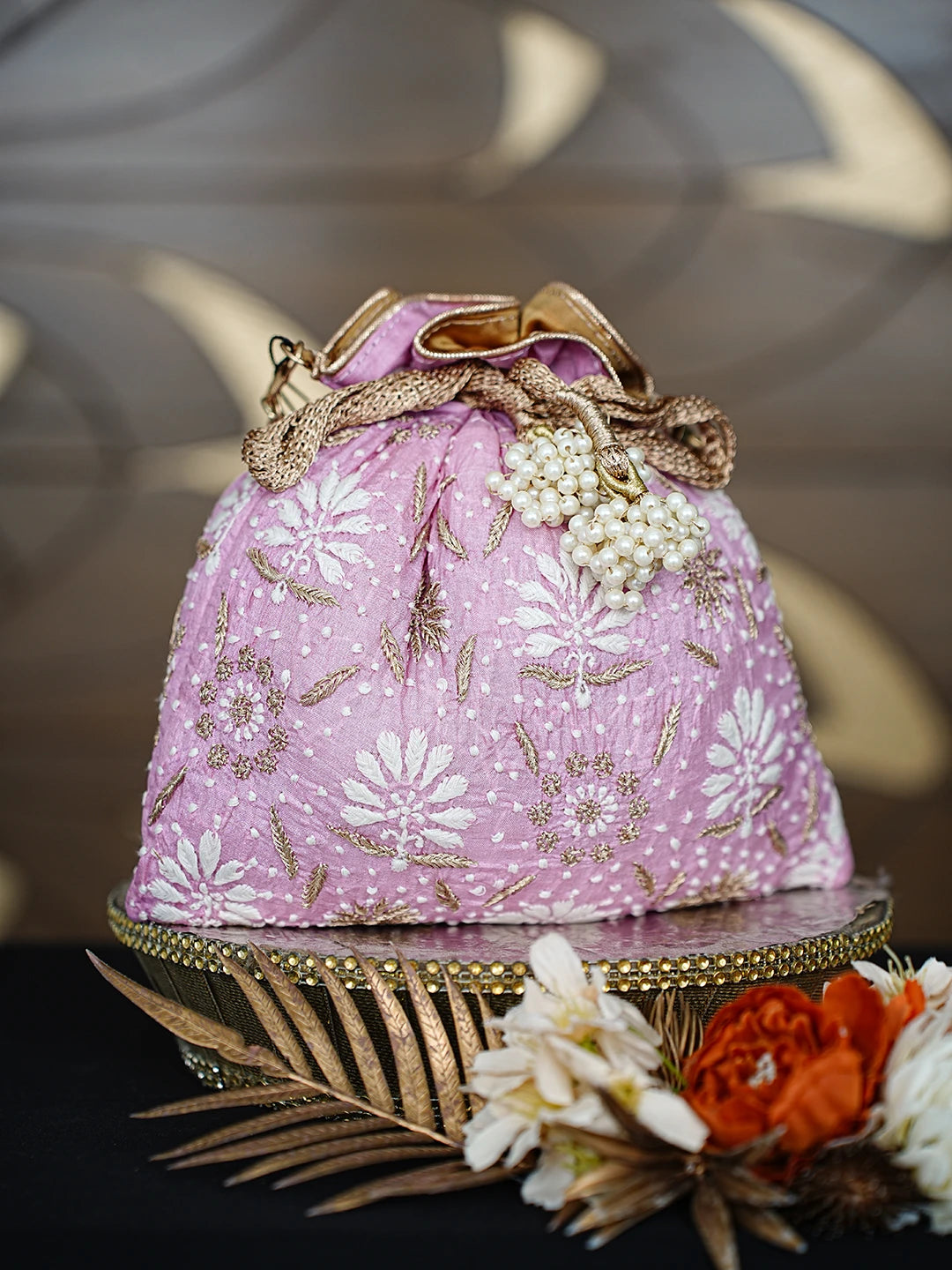 Ada Hand Embroidered Pink Silk Lucknowi Chikankari Potli Bag With Zari Work 01A793834