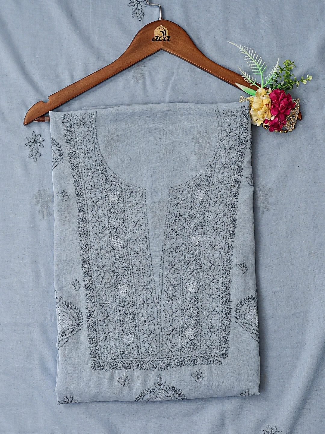Ada Hand Embroidered Air Superiority Blue Cotton Lucknowi Chikankari Unstitched Kurta Dupatta Set 01A609948