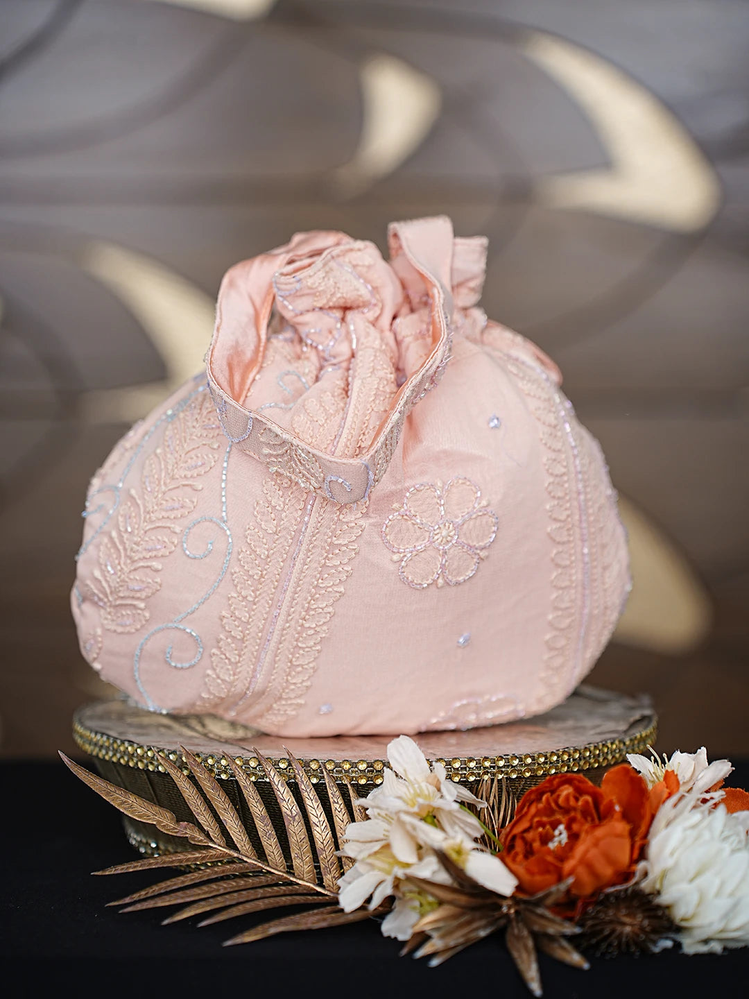 Ada Hand Embroidered Light Peach Faux Georgette Lucknowi Chikankari Potli Bag With Cutdana Work 01A862595