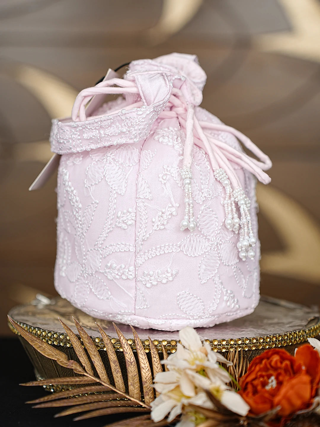 Ada Hand Embroidered Pink Viscose Georgette Lucknowi Chikankari Potli Bag 01A867162