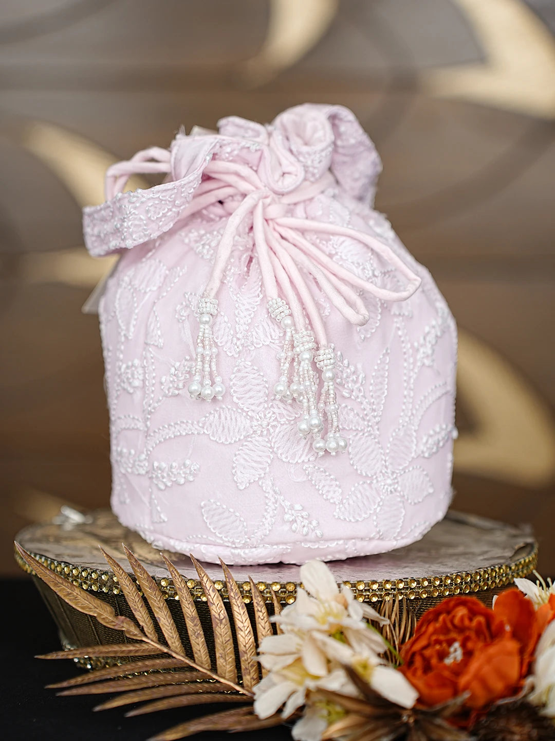 Ada Hand Embroidered Pink Viscose Georgette Lucknowi Chikankari Potli Bag 01A867162