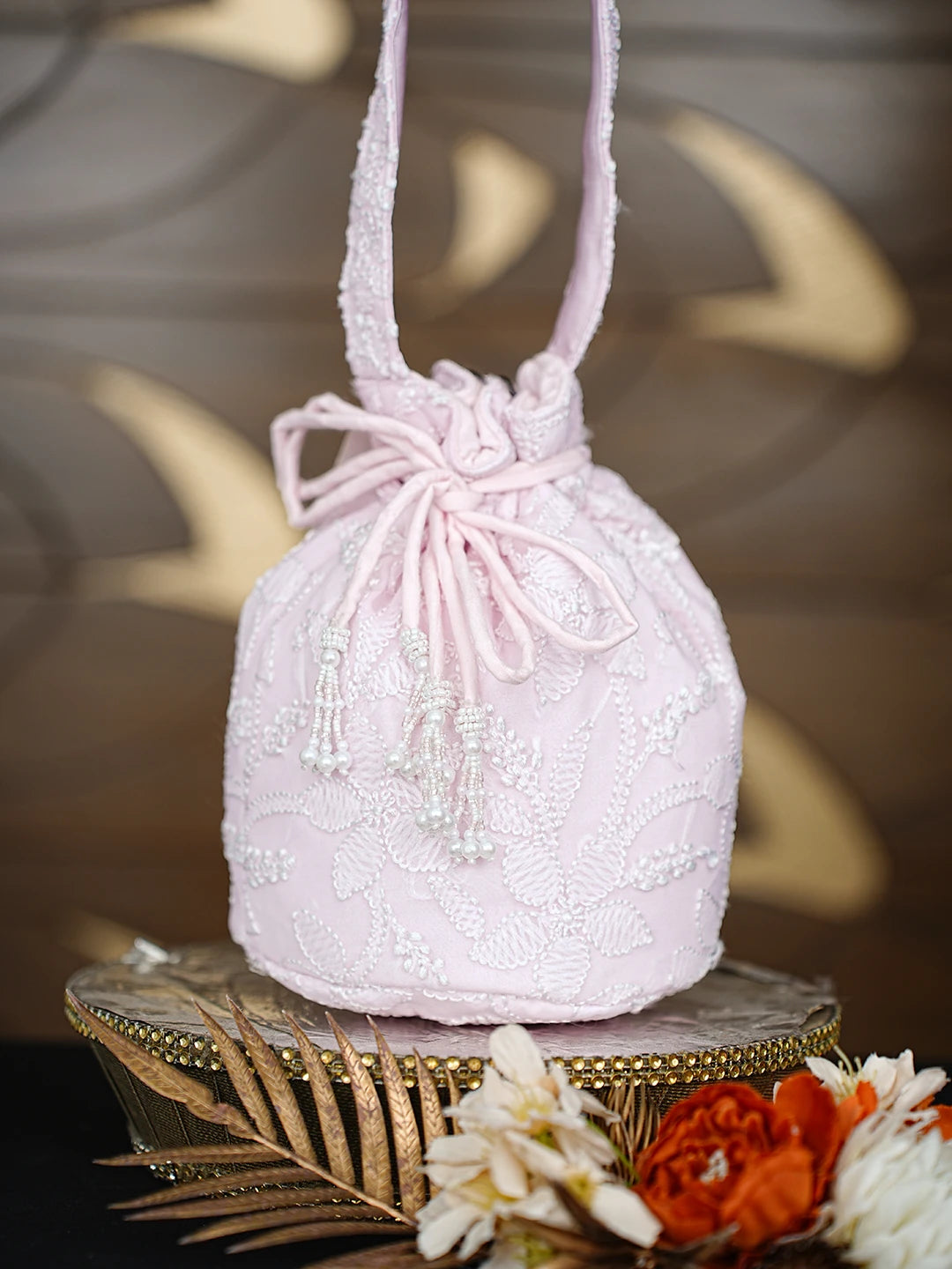 Ada Hand Embroidered Pink Viscose Georgette Lucknowi Chikankari Potli Bag 01A867162
