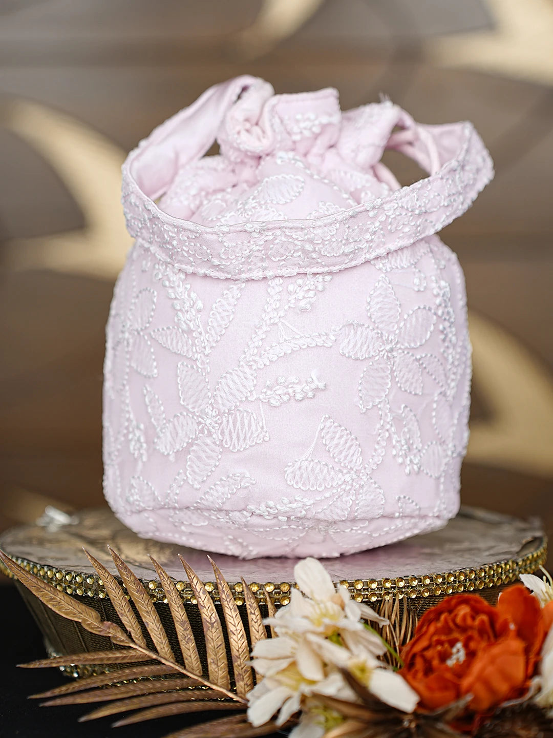 Ada Hand Embroidered Pink Viscose Georgette Lucknowi Chikankari Potli Bag 01A867162