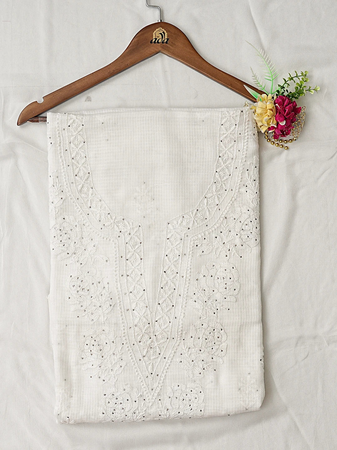 Ada Hand Embroidered White Kota Lucknowi Chikankari Unstitched Kurta Dupatta Set With Mukaish Work 01A207546