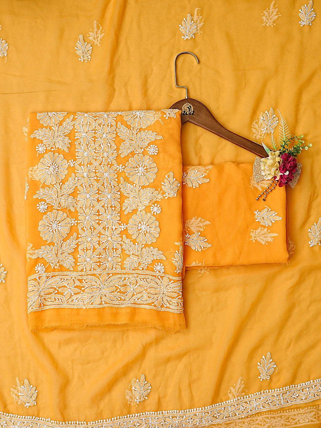 Ada Hand Embroidered Mustard Georgette Lucknowi Chikankari Unstitched Suit Piece 01A843814