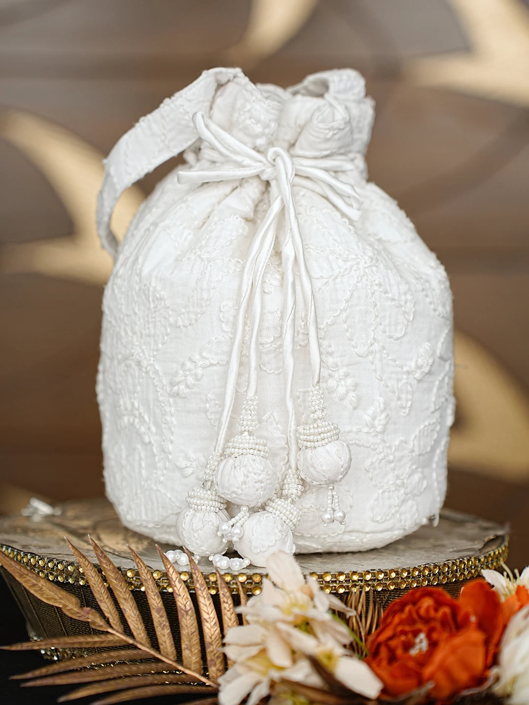 Ada Hand Embroidered White Cotton Lucknowi Chikankari Potli Bag 01A811610
