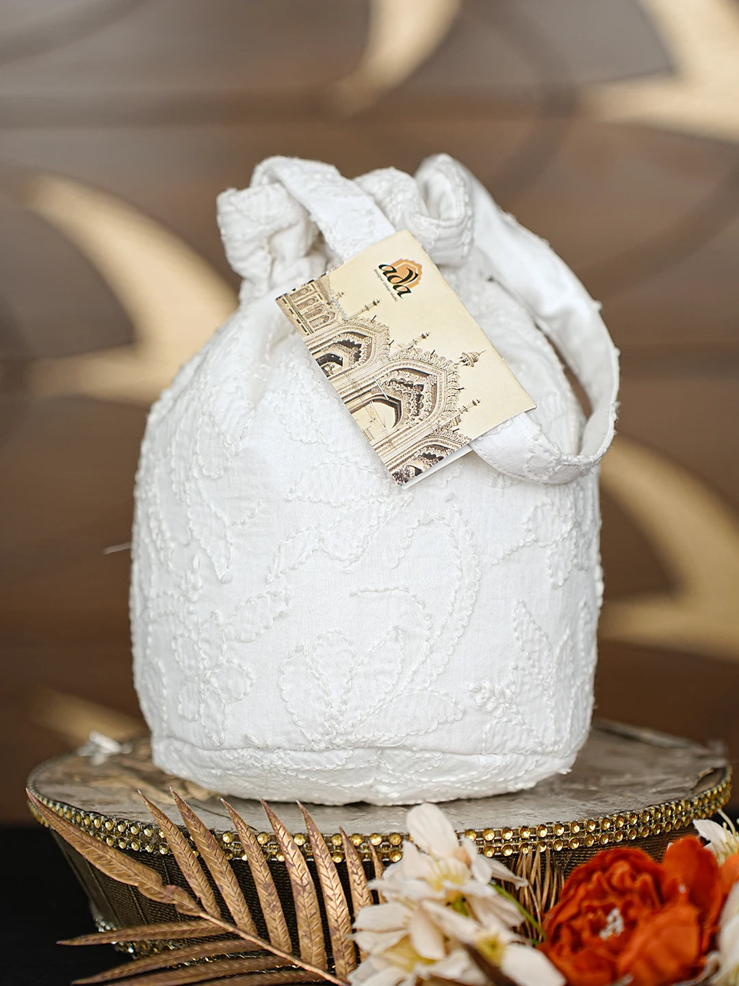 Ada Hand Embroidered White Cotton Lucknowi Chikankari Potli Bag 01A811610