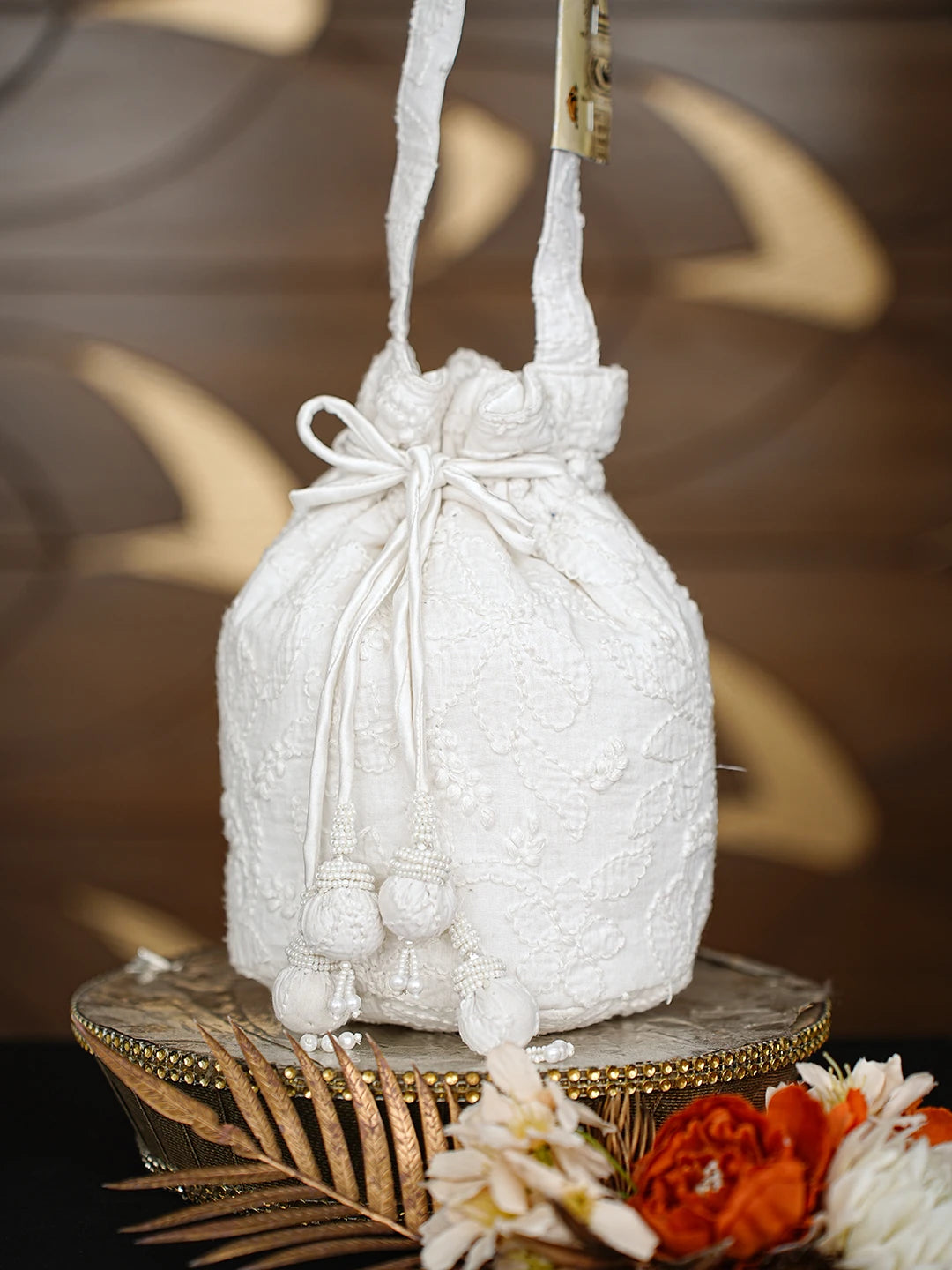 Ada Hand Embroidered White Cotton Lucknowi Chikankari Potli Bag 01A811610
