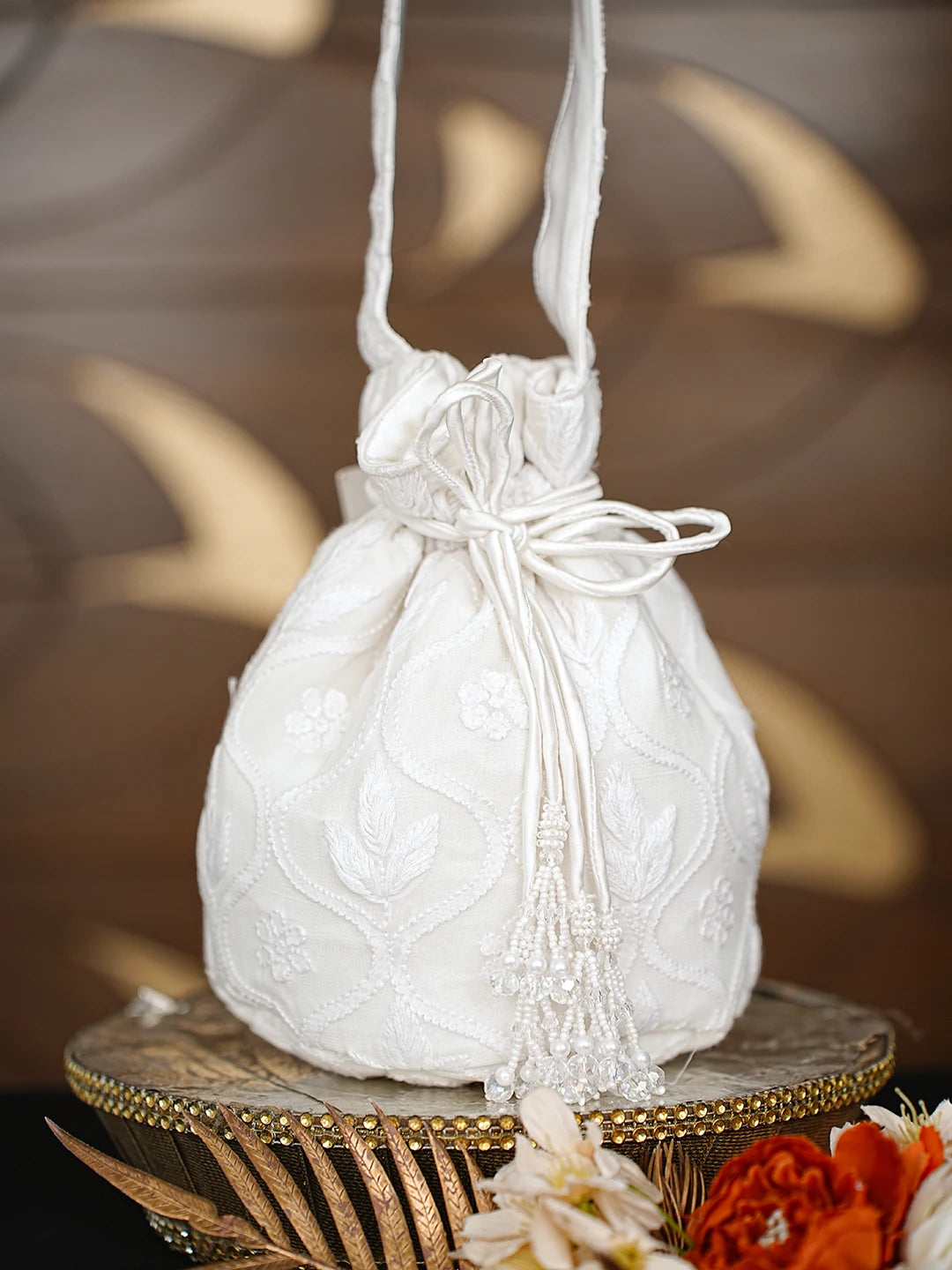 Ada Hand Embroidered White Viscose Georgette Lucknowi Chikankari Potli Bag 01A868636