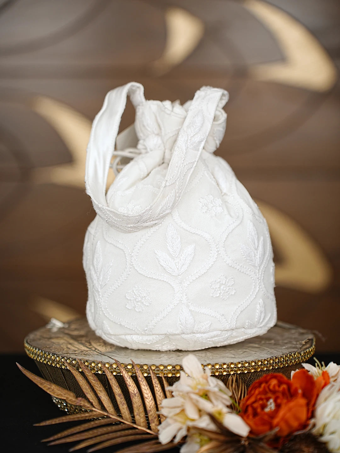 Ada Hand Embroidered White Viscose Georgette Lucknowi Chikankari Potli Bag 01A868636