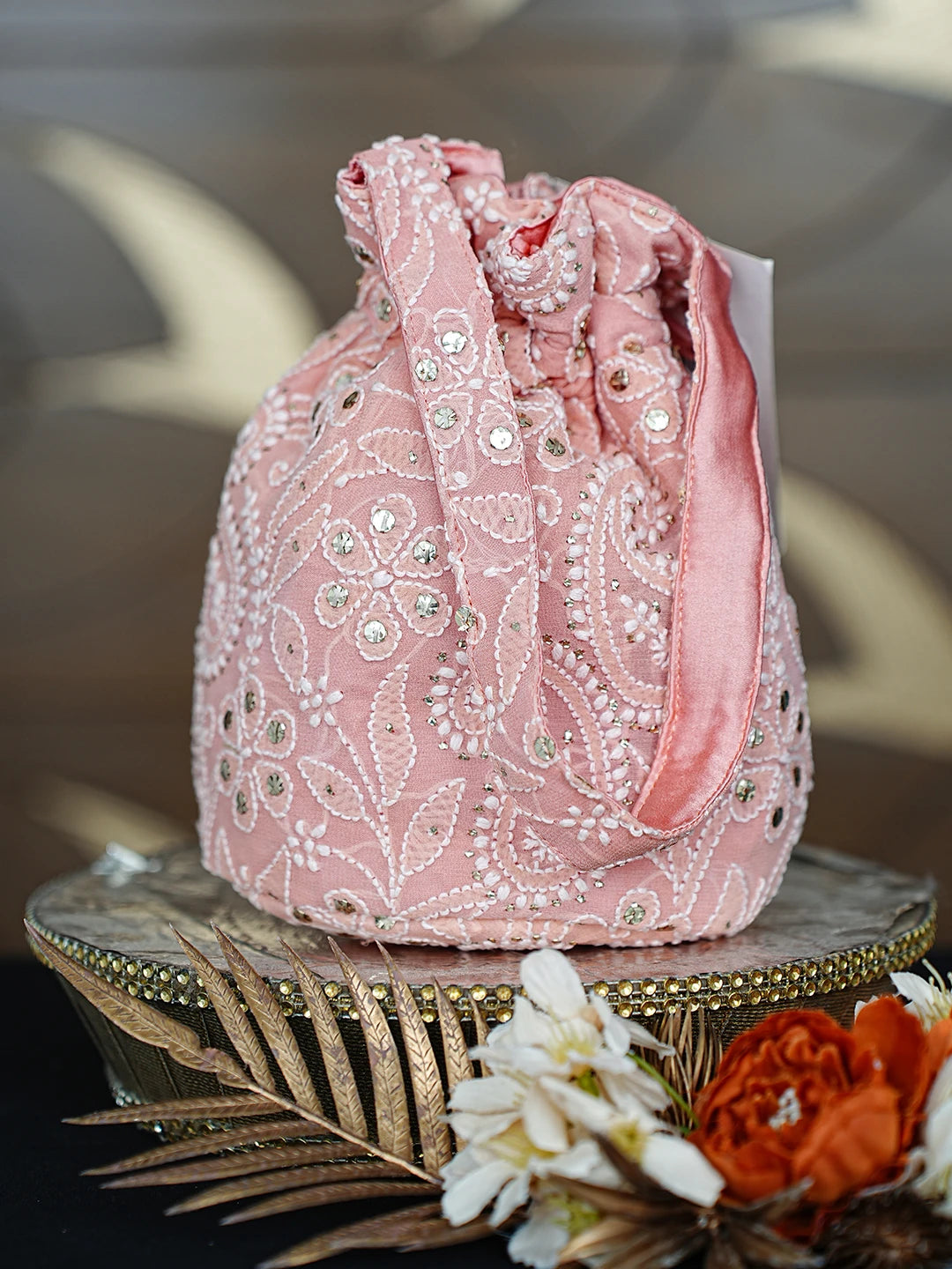 Ada Hand Embroidered Peach Georgette Lucknowi Chikankari Potli Bag With Muqaish Work 01A862590