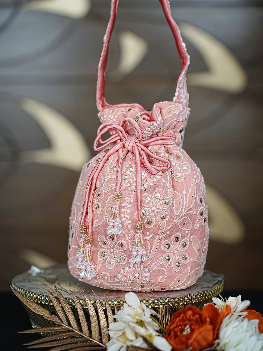 Ada Hand Embroidered Peach Georgette Lucknowi Chikankari Potli Bag With Muqaish Work 01A862590