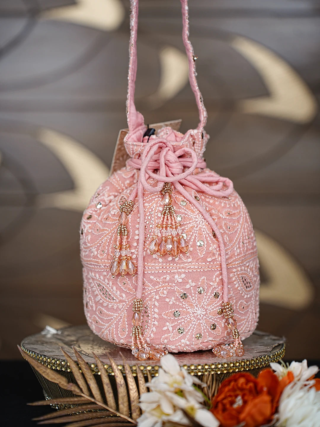 Ada Hand Embroidered Carrot Pink Viscose Georgette Lucknowi Chikankari Potli Bag With Muqaish Work 01A872375