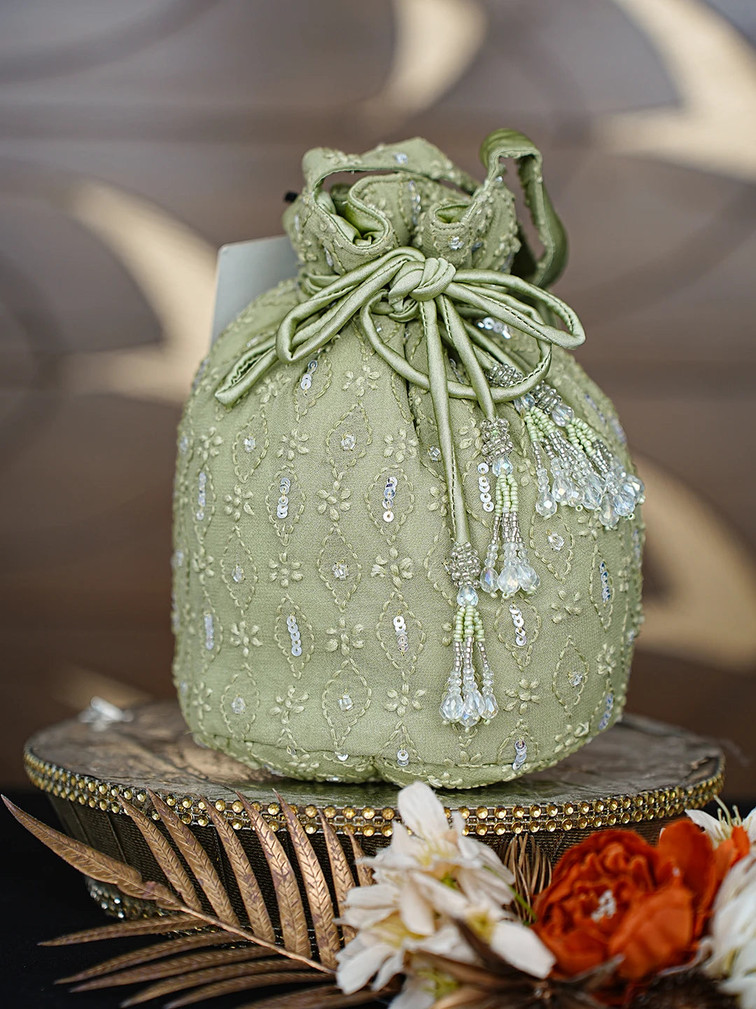 Ada Hand Embroidered Asparagus Green Viscose Georgette Lucknowi Chikankari Potli Bag With Cutdana Work 01A872374