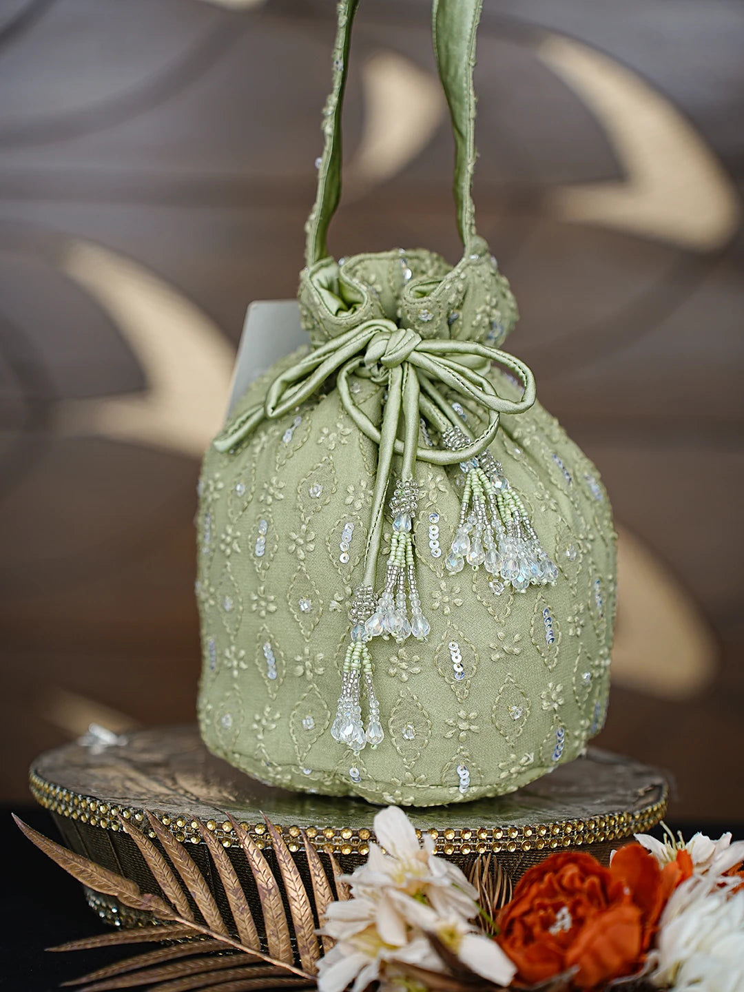 Ada Hand Embroidered Asparagus Green Viscose Georgette Lucknowi Chikankari Potli Bag With Cutdana Work 01A872374