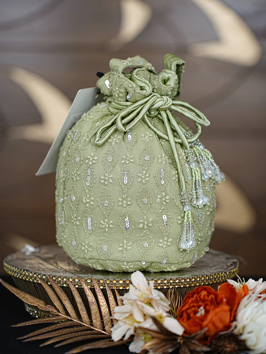 Ada Hand Embroidered Asparagus Green Viscose Georgette Lucknowi Chikankari Potli Bag With Cutdana Work 01A872374