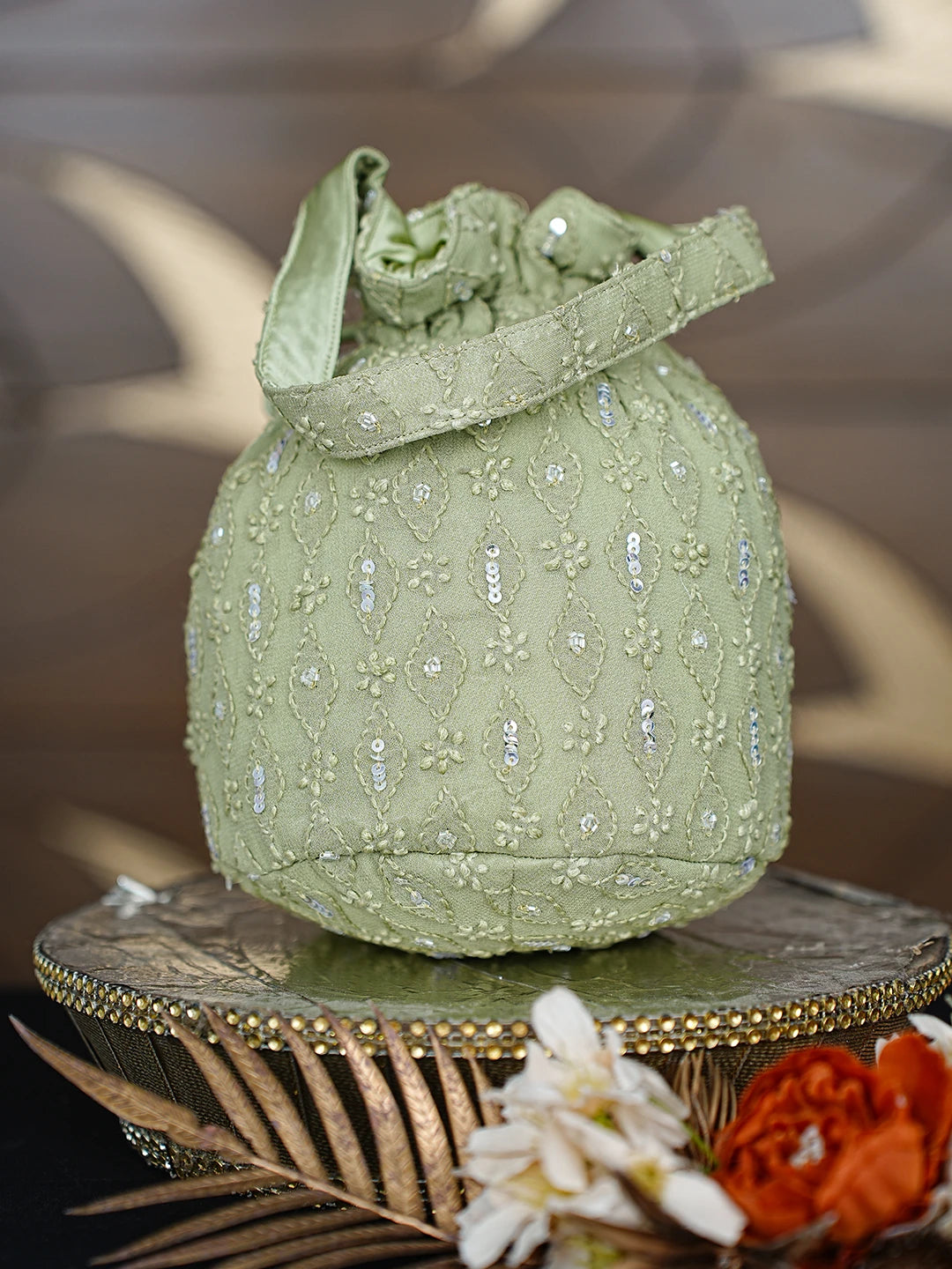 Ada Hand Embroidered Asparagus Green Viscose Georgette Lucknowi Chikankari Potli Bag With Cutdana Work 01A872374