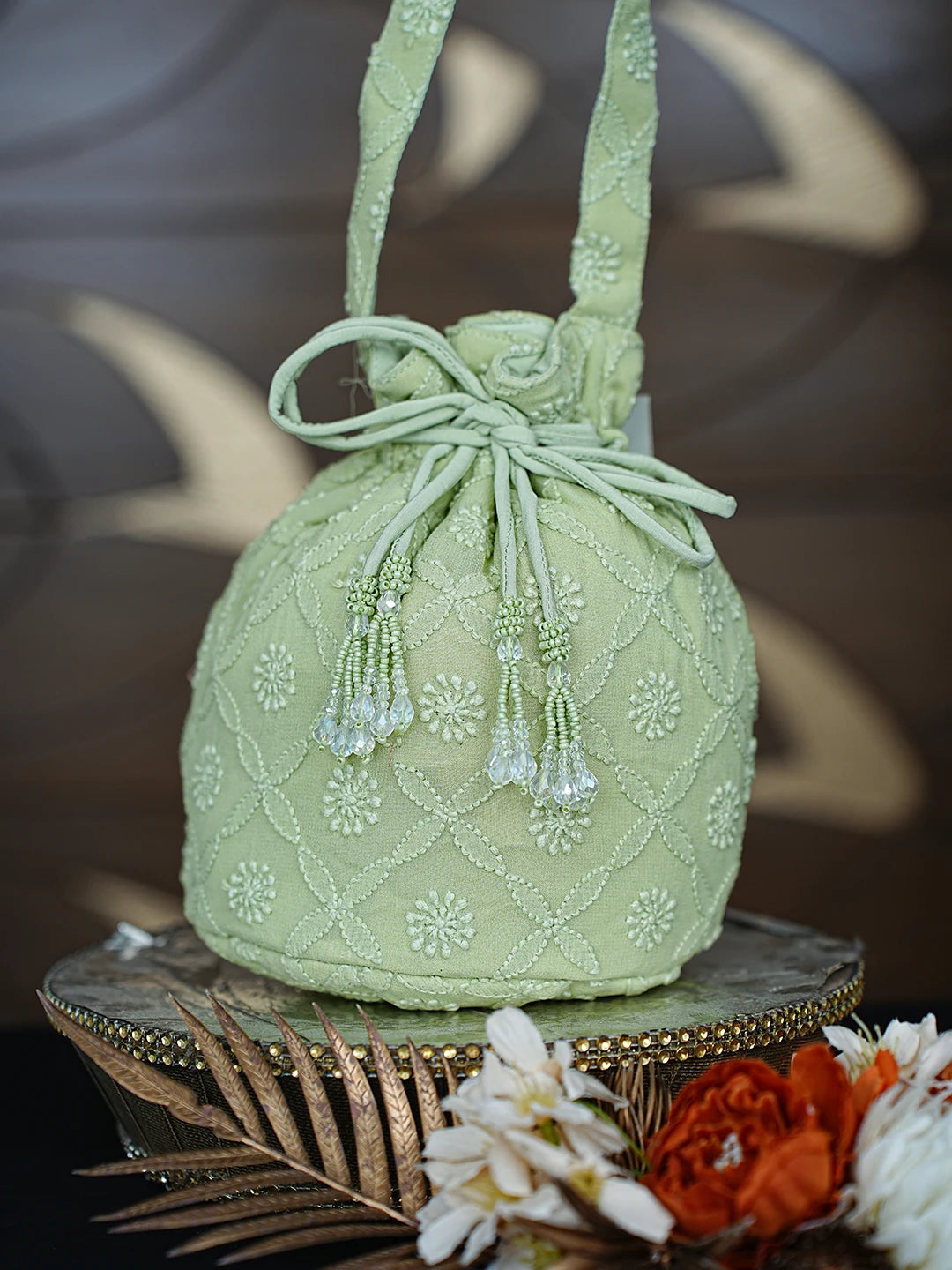Ada Hand Embroidered Green Viscose Georgette Lucknowi Chikankari Potli Bag 01A872371
