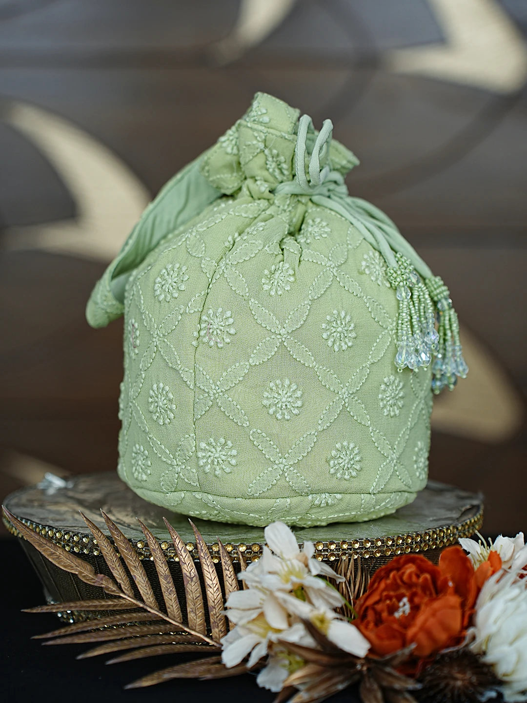 Ada Hand Embroidered Green Viscose Georgette Lucknowi Chikankari Potli Bag 01A872371