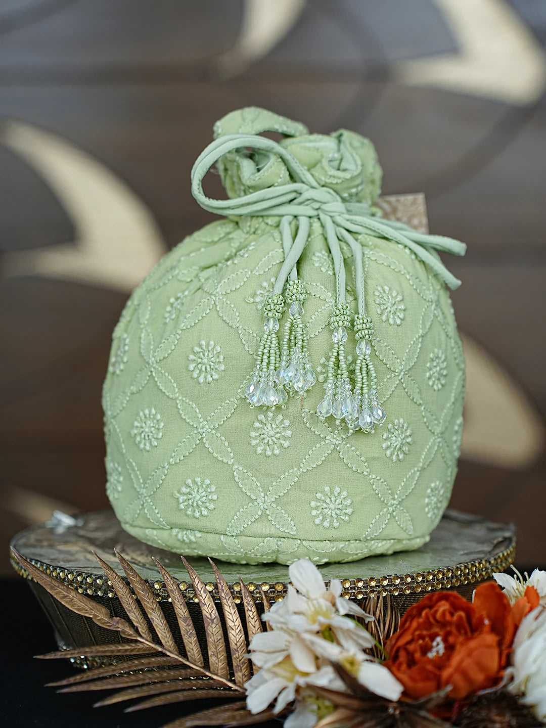 Ada Hand Embroidered Green Viscose Georgette Lucknowi Chikankari Potli Bag 01A872371