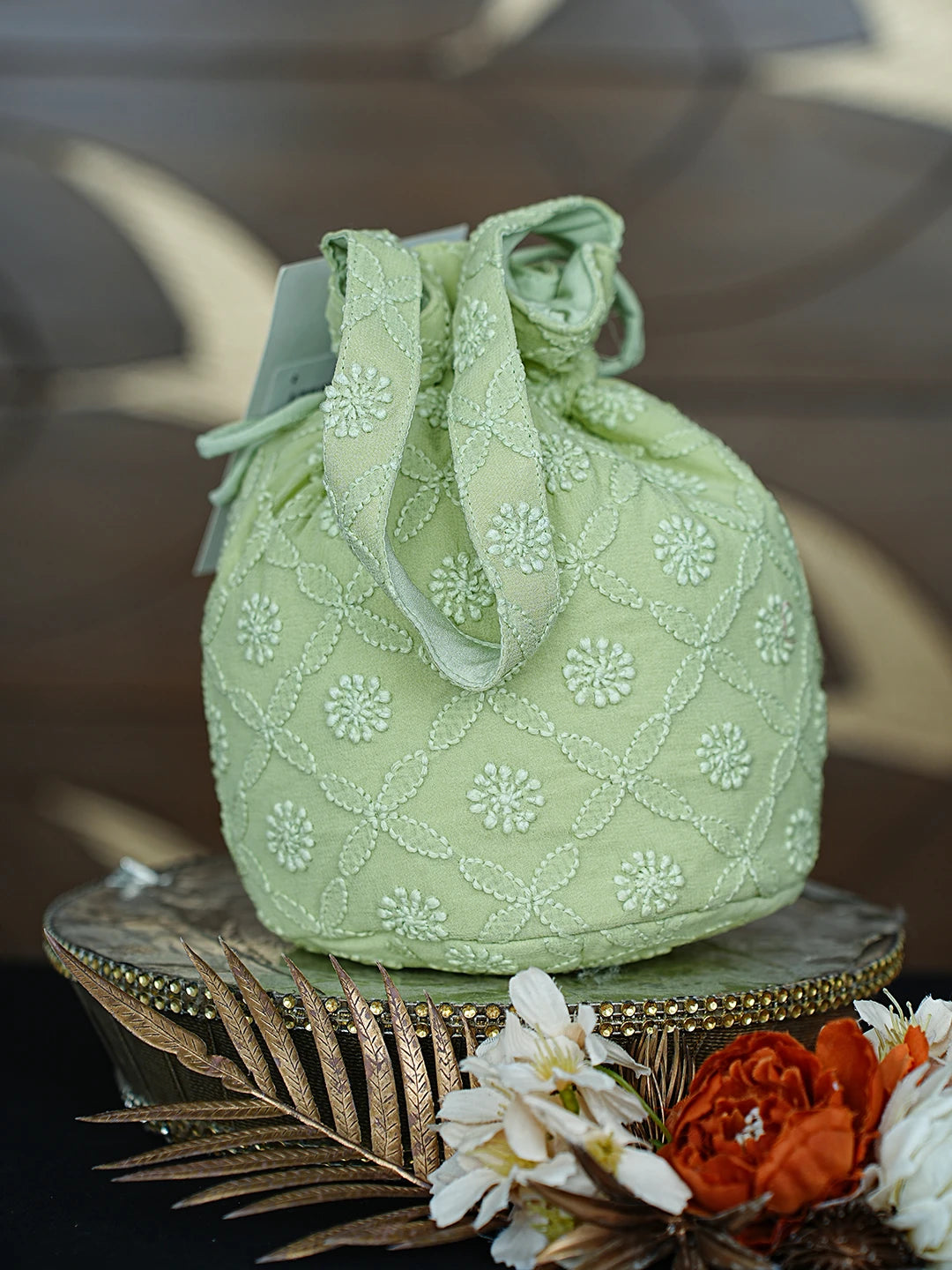 Ada Hand Embroidered Green Viscose Georgette Lucknowi Chikankari Potli Bag 01A872371