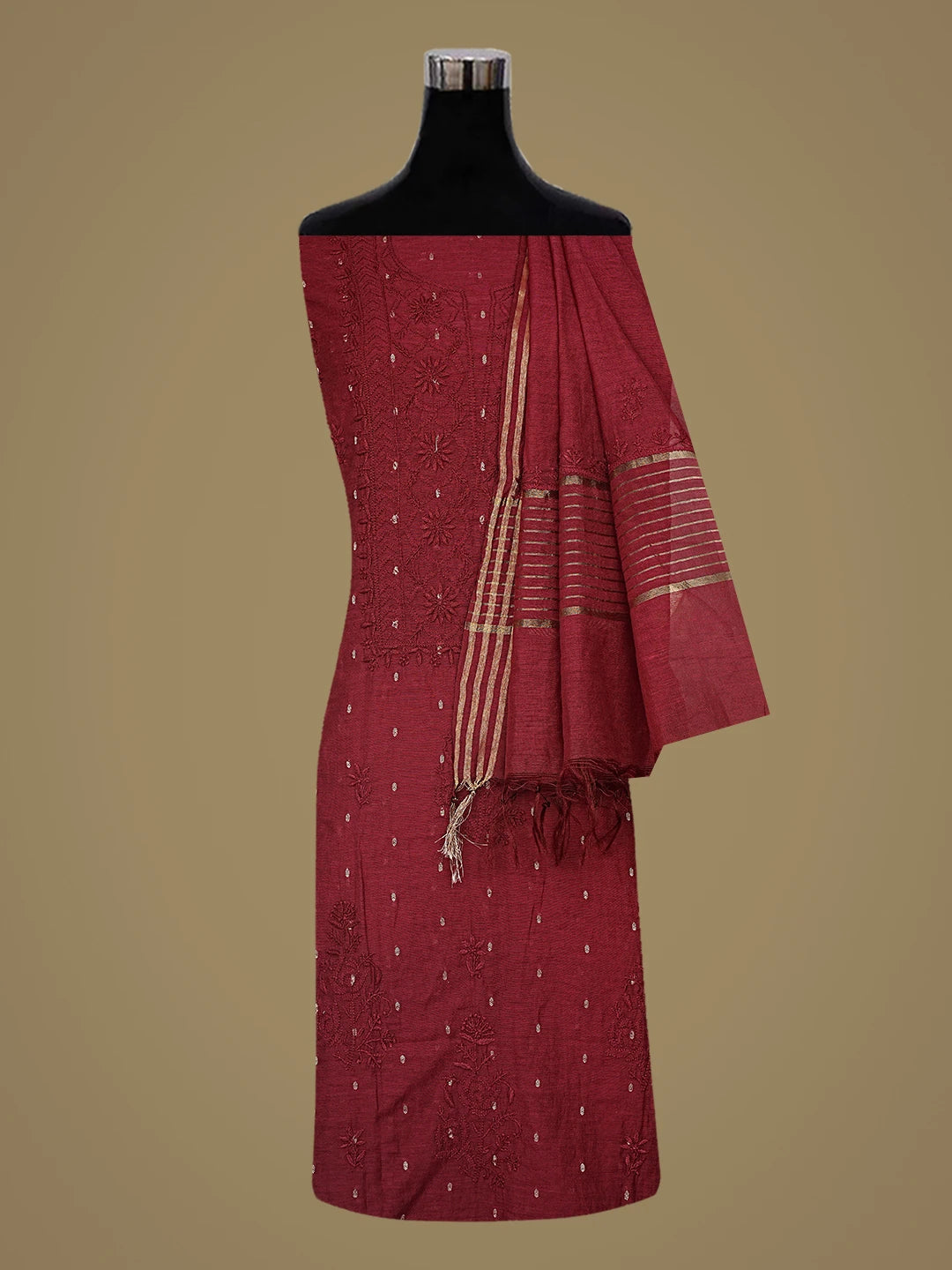 Ada Hand Embroidered Vermilion Red Chanderi Lucknowi Chikankari Unstitched Kurta Dupatta Set 01A602169