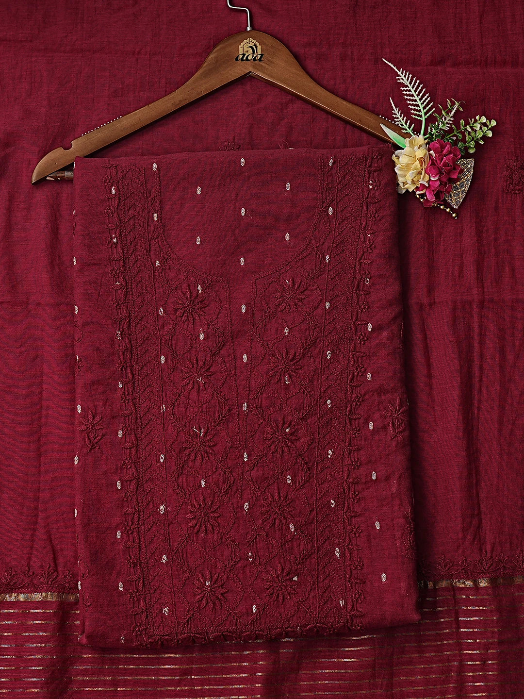 Ada Hand Embroidered Vermilion Red Chanderi Lucknowi Chikankari Unstitched Kurta Dupatta Set 01A602169