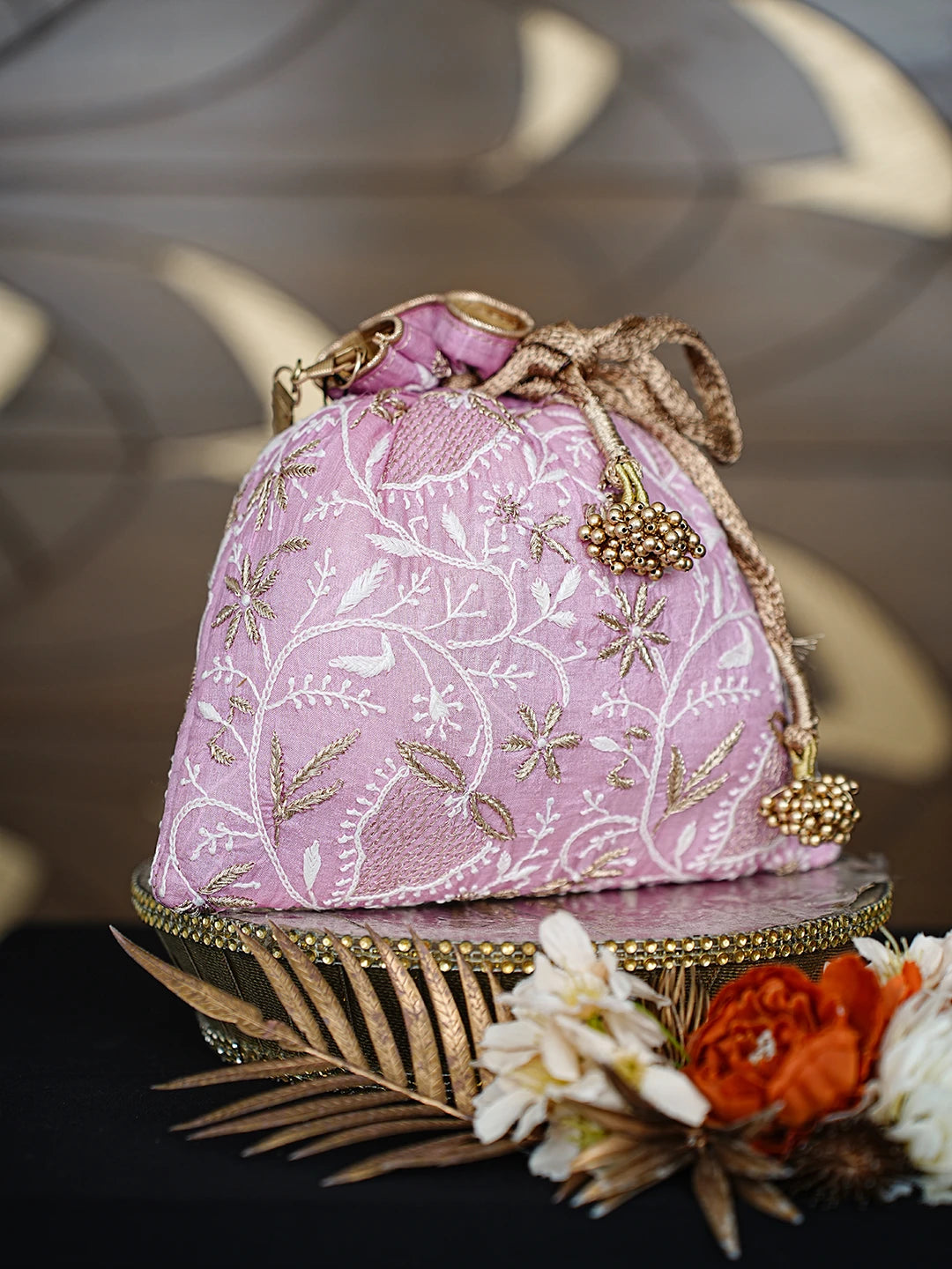 Ada Hand Embroidered Pink Silk Lucknowi Chikankari Potli Bag With Zari Work 01A808026