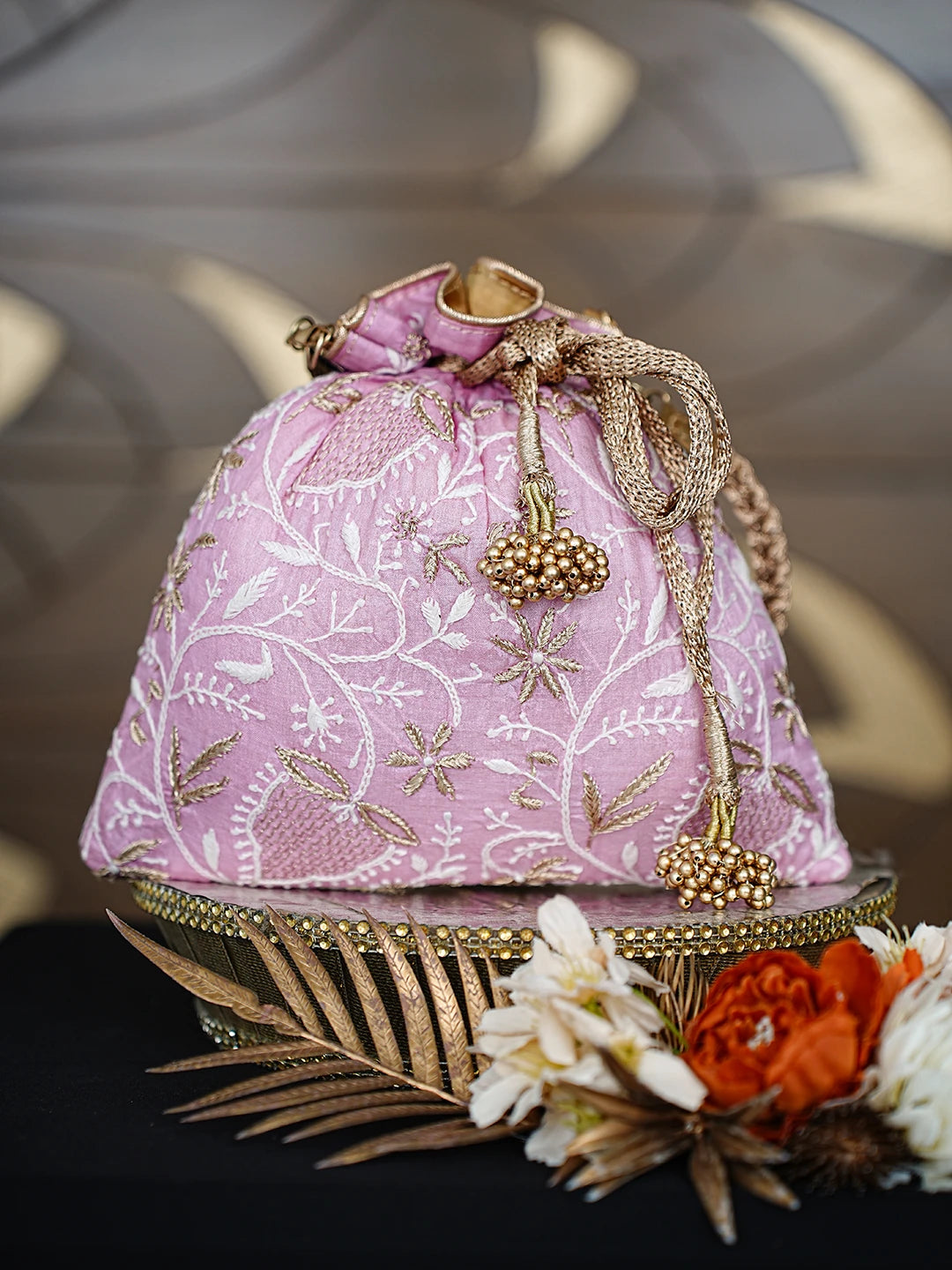 Ada Hand Embroidered Pink Silk Lucknowi Chikankari Potli Bag With Zari Work 01A808026