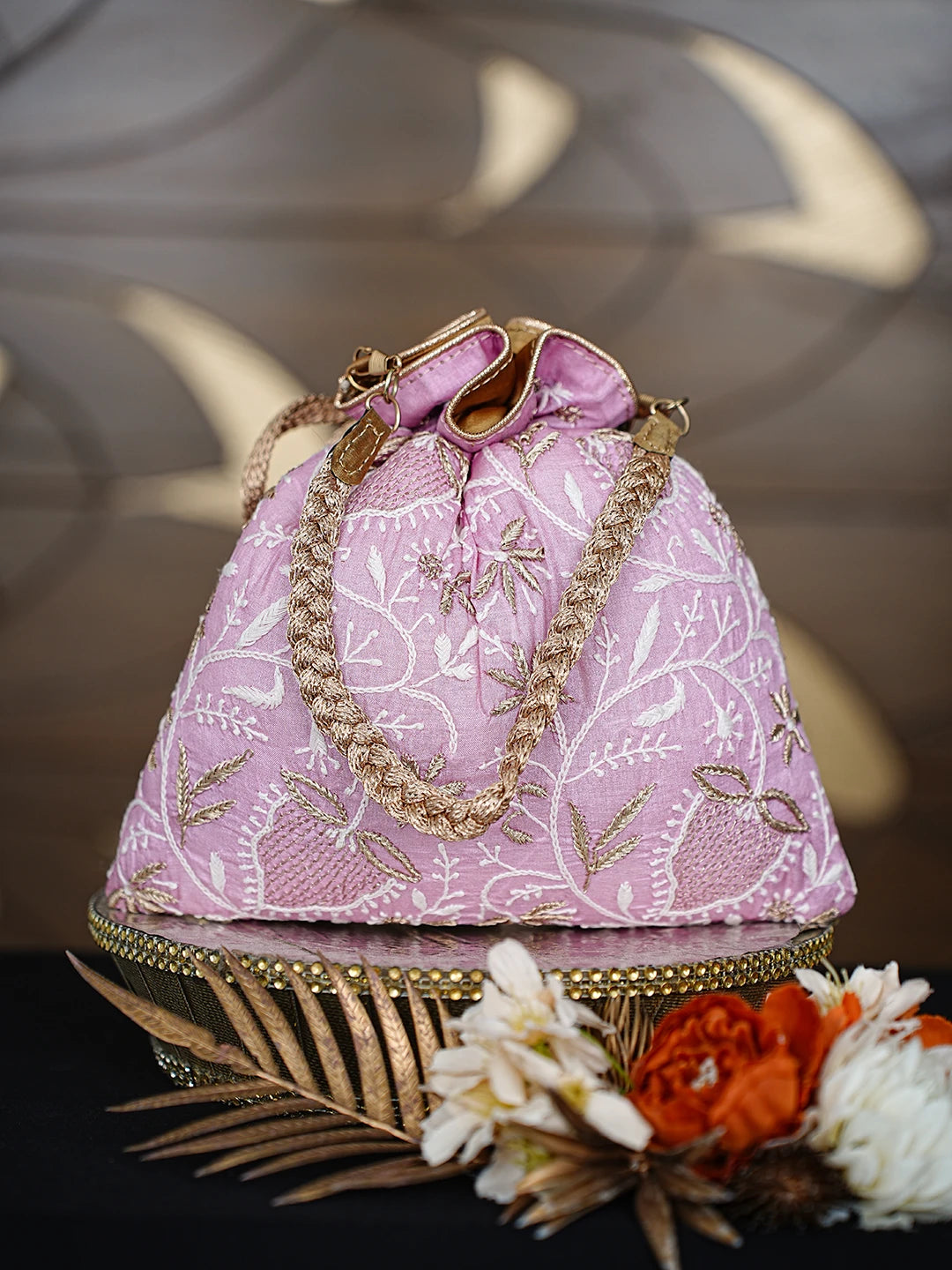 Ada Hand Embroidered Pink Silk Lucknowi Chikankari Potli Bag With Zari Work 01A808026