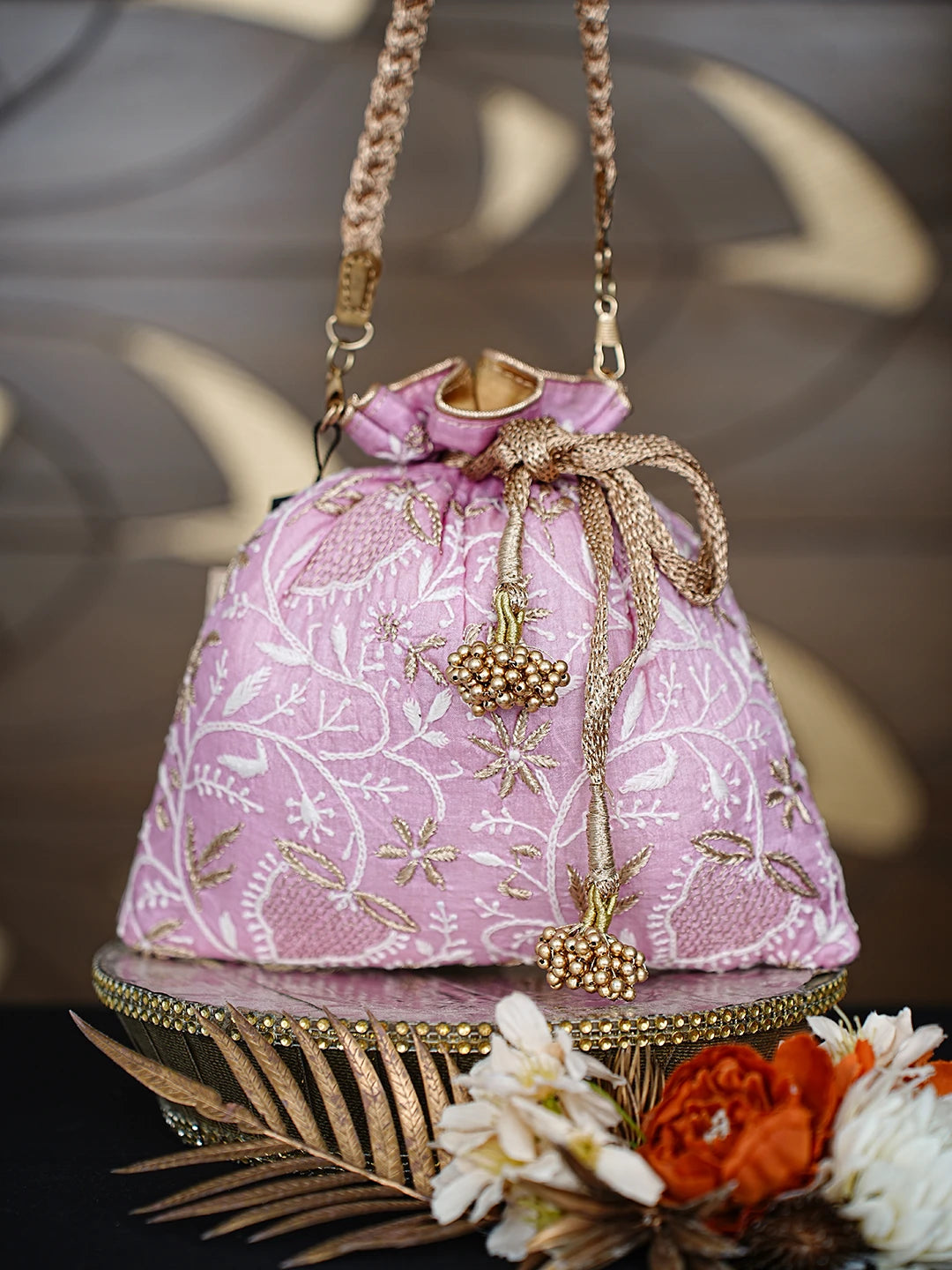 Ada Hand Embroidered Pink Silk Lucknowi Chikankari Potli Bag With Zari Work 01A808026