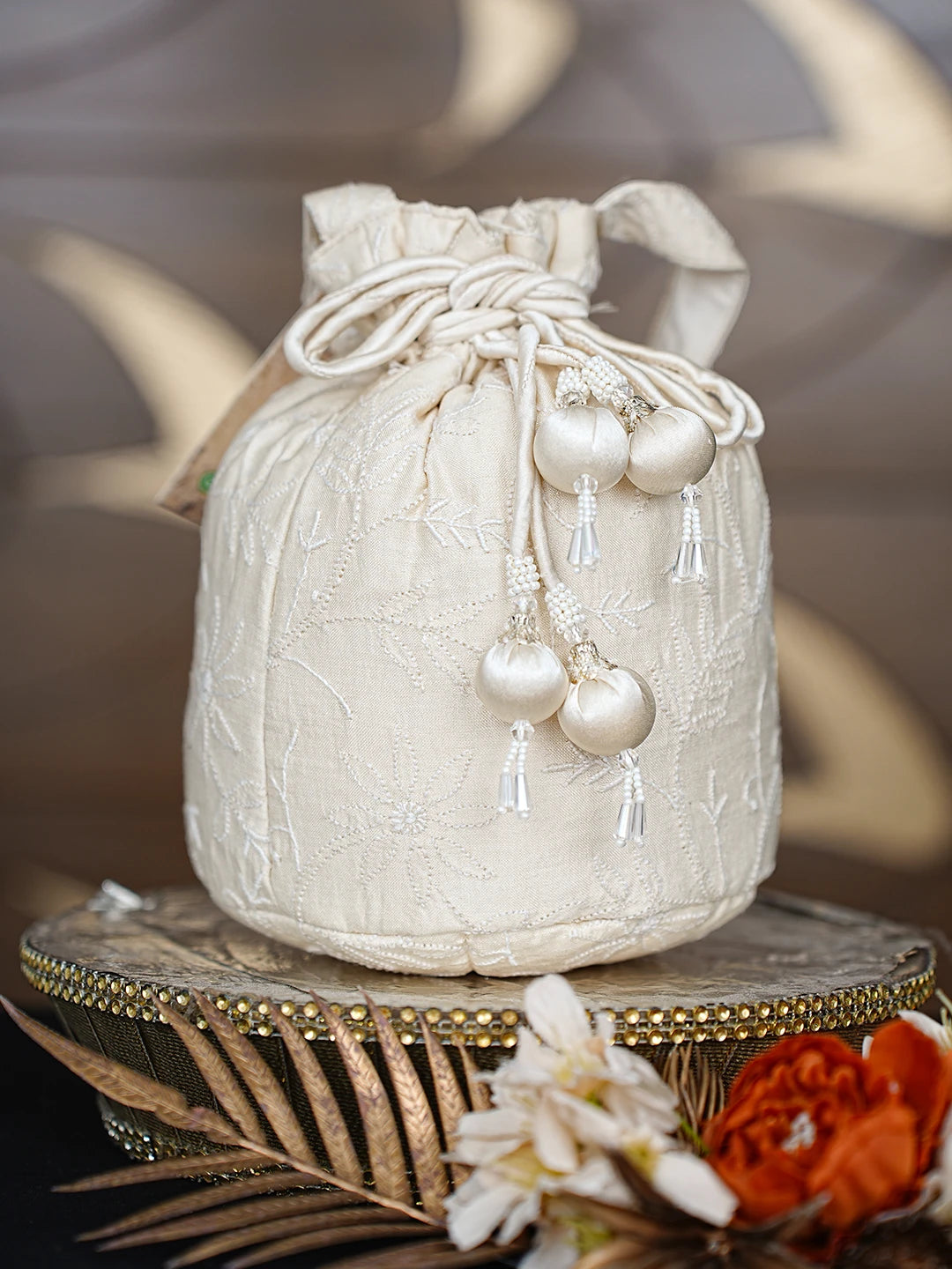 Ada Hand Embroidered White Cornsilk Silk Lucknowi Chikankari Potli Bag 01A872373