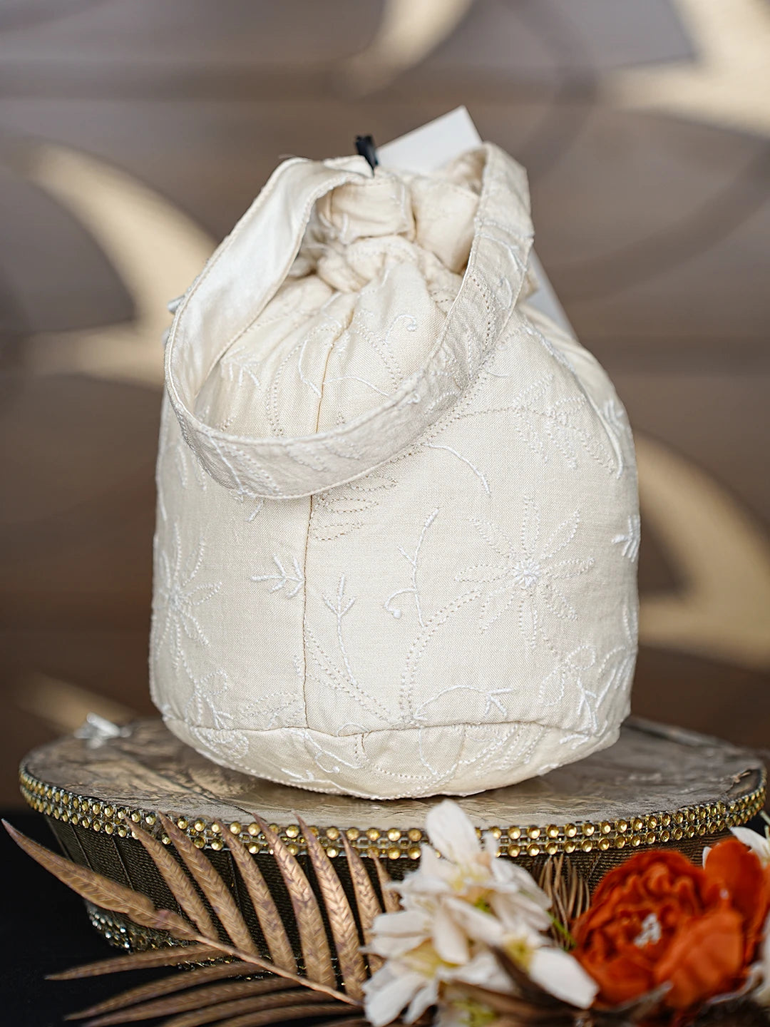 Ada Hand Embroidered White Cornsilk Silk Lucknowi Chikankari Potli Bag 01A872373