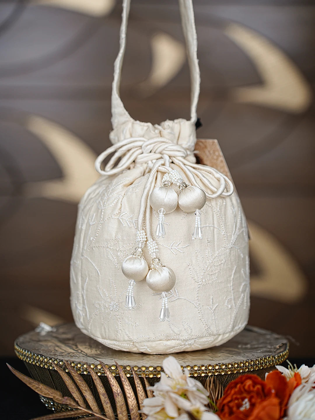 Ada Hand Embroidered White Cornsilk Silk Lucknowi Chikankari Potli Bag 01A872373