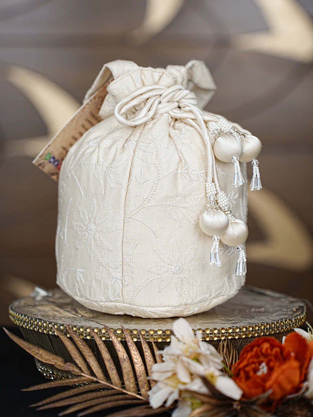 Ada Hand Embroidered White Cornsilk Silk Lucknowi Chikankari Potli Bag 01A872373