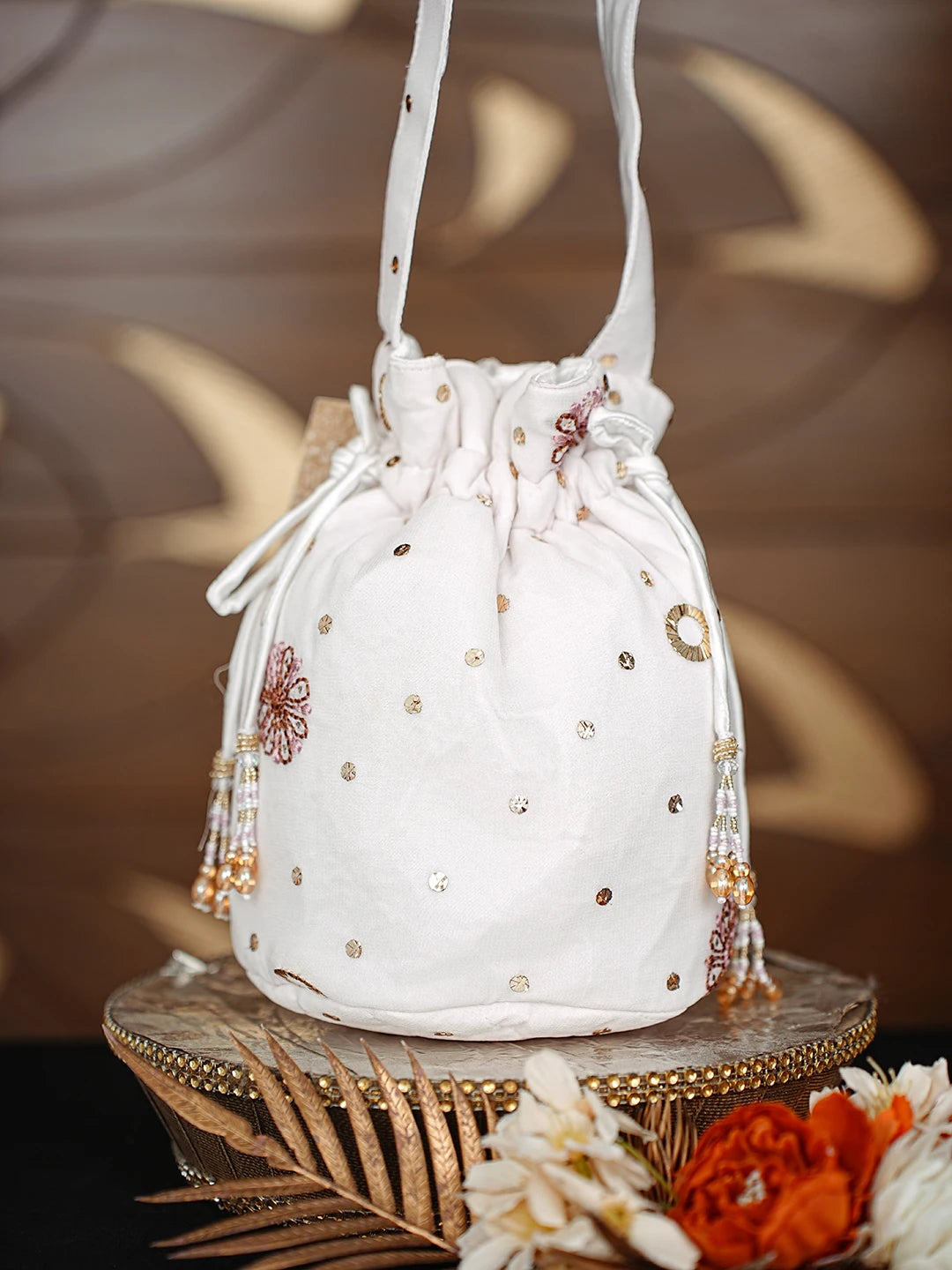 Ada Hand Embroidered White Viscose Georgette Lucknowi Chikankari Potli Bag With Muqaish Work 01A867164